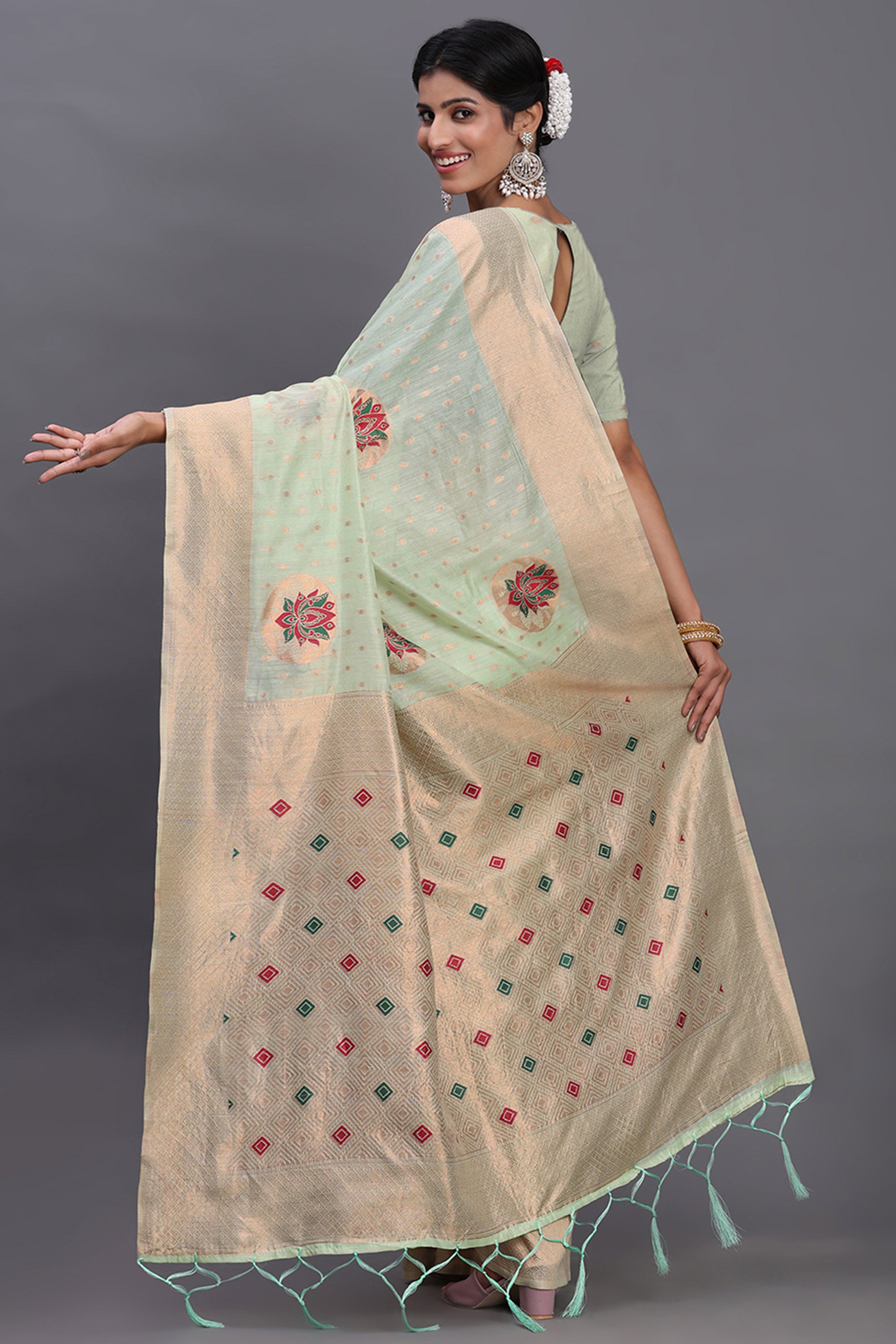 Stylish Light Green Floral Zari Weaving Linen Cotton Saree With Graceful Tassel Pallu