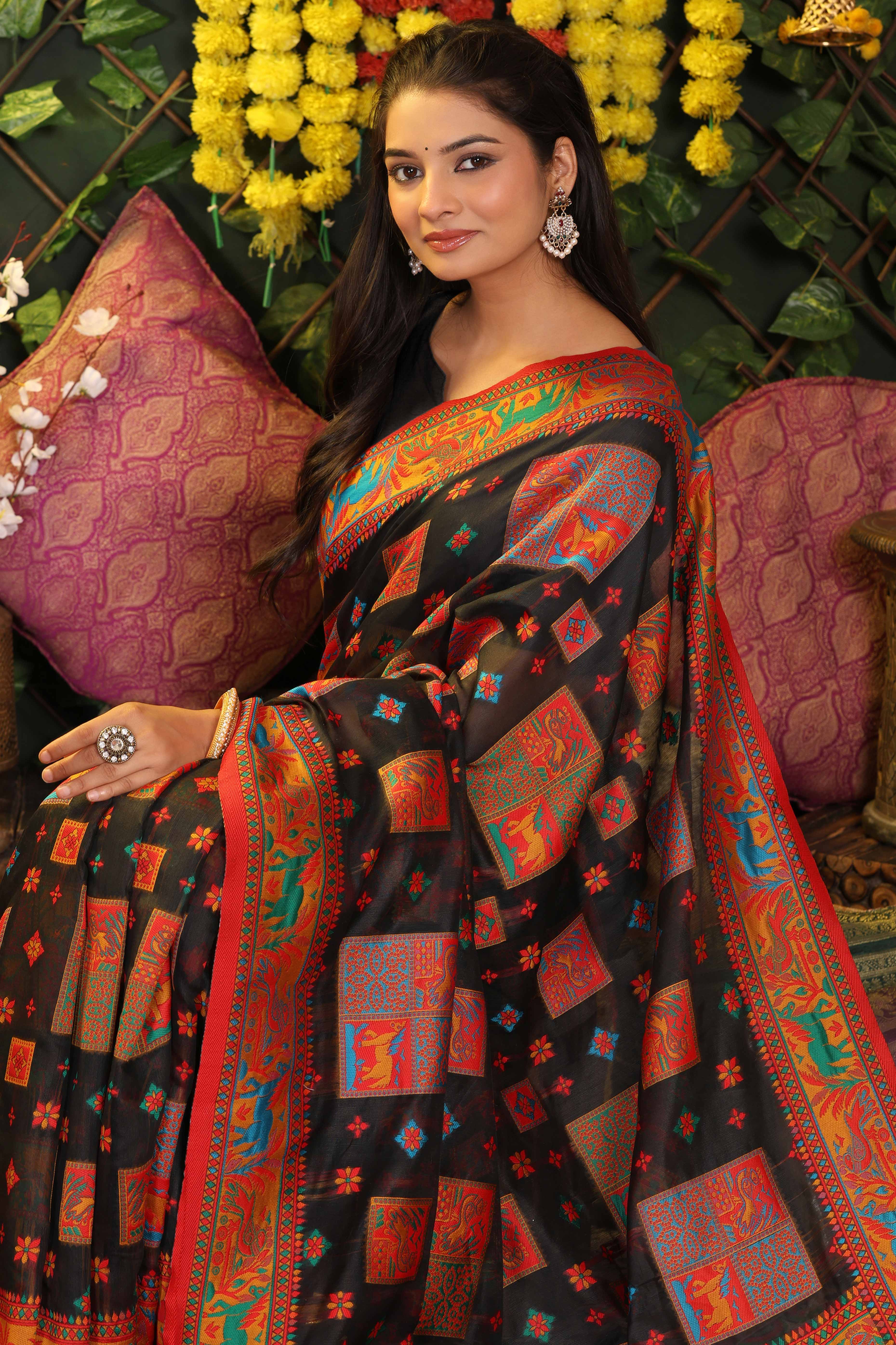 Black Linen Cotton Saree Adorned With Floral Zari Weaving & Tassel Pallu