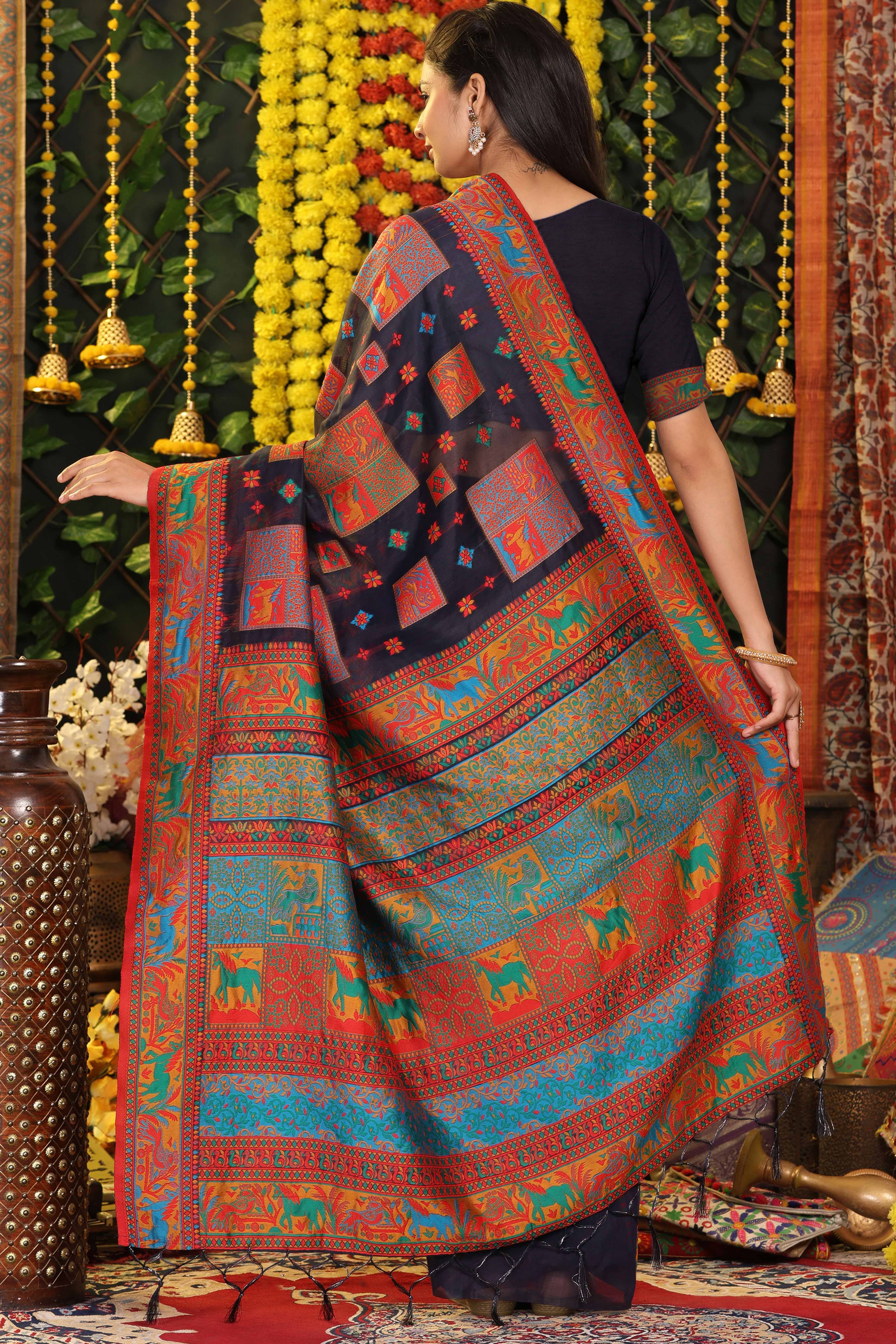 Dark Navy Blue Linen Cotton Saree Adorned With Floral Zari Weaving & Tassel Pallu