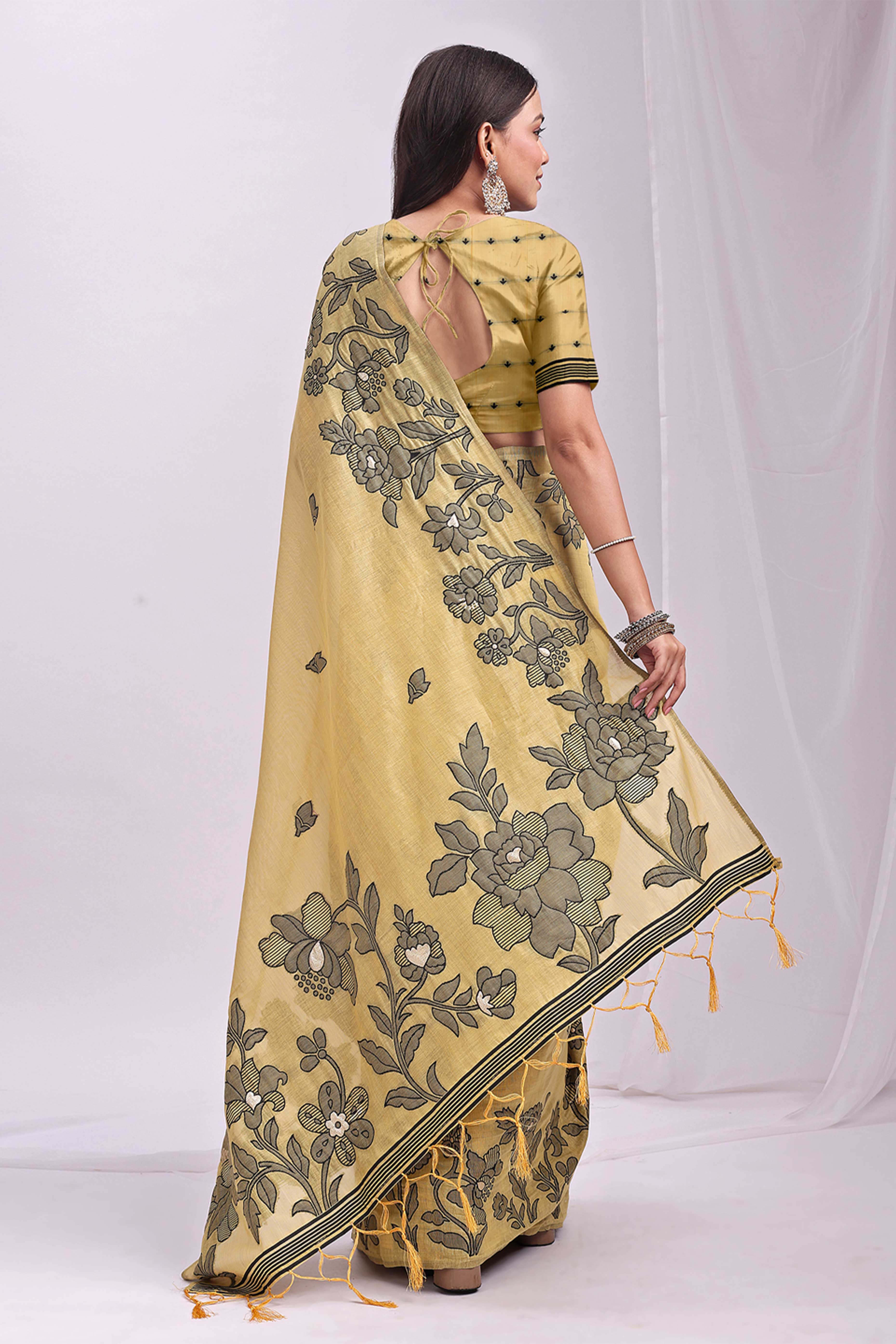 Yellow Ethnic Saree in a Linen Cotton Blend Adorned with Floral Weave Designs