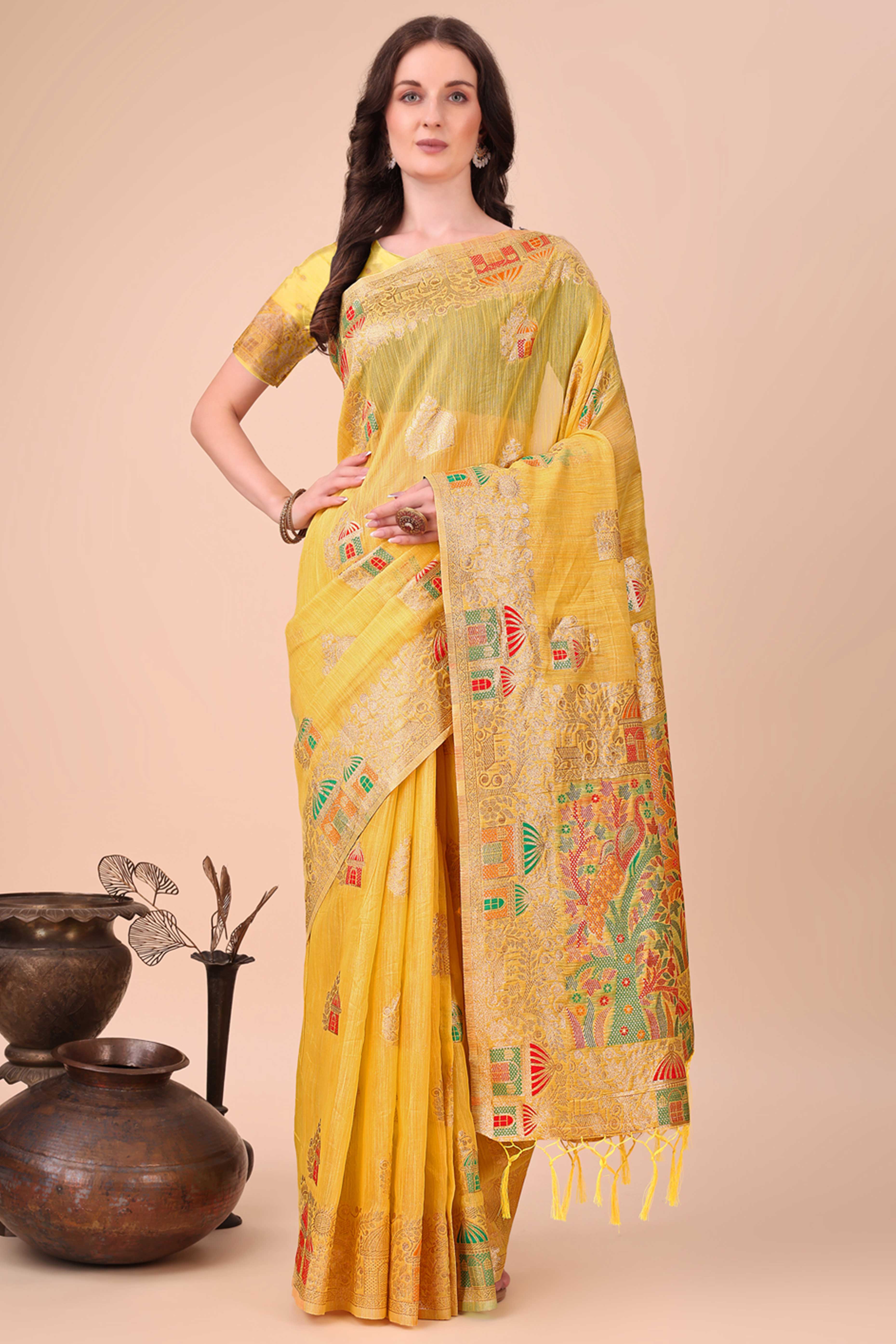 Yellow Zari Woven Linen Cotton Saree With Graceful Tassels