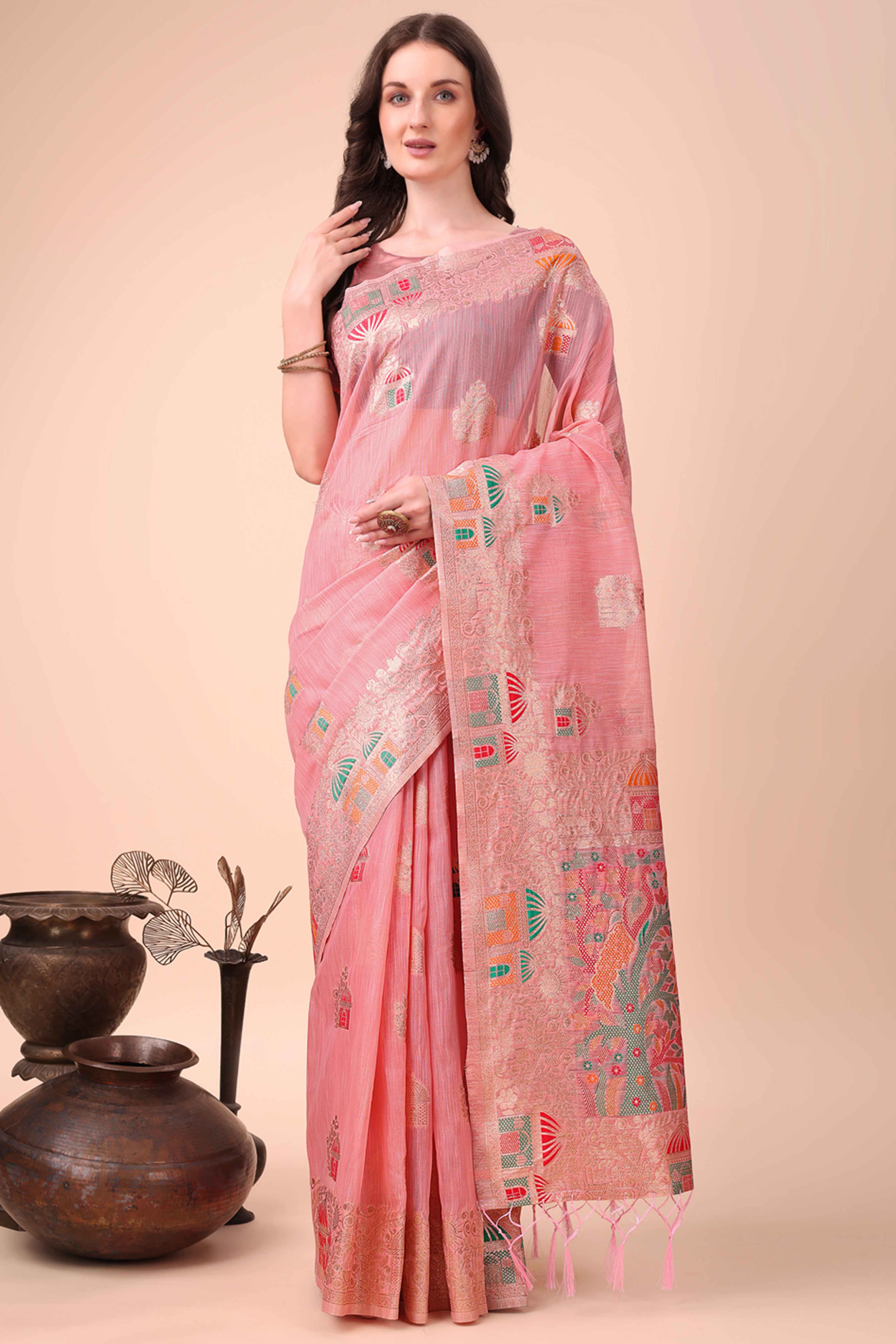 Pink Zari Woven Linen Cotton Saree With Graceful Tassels