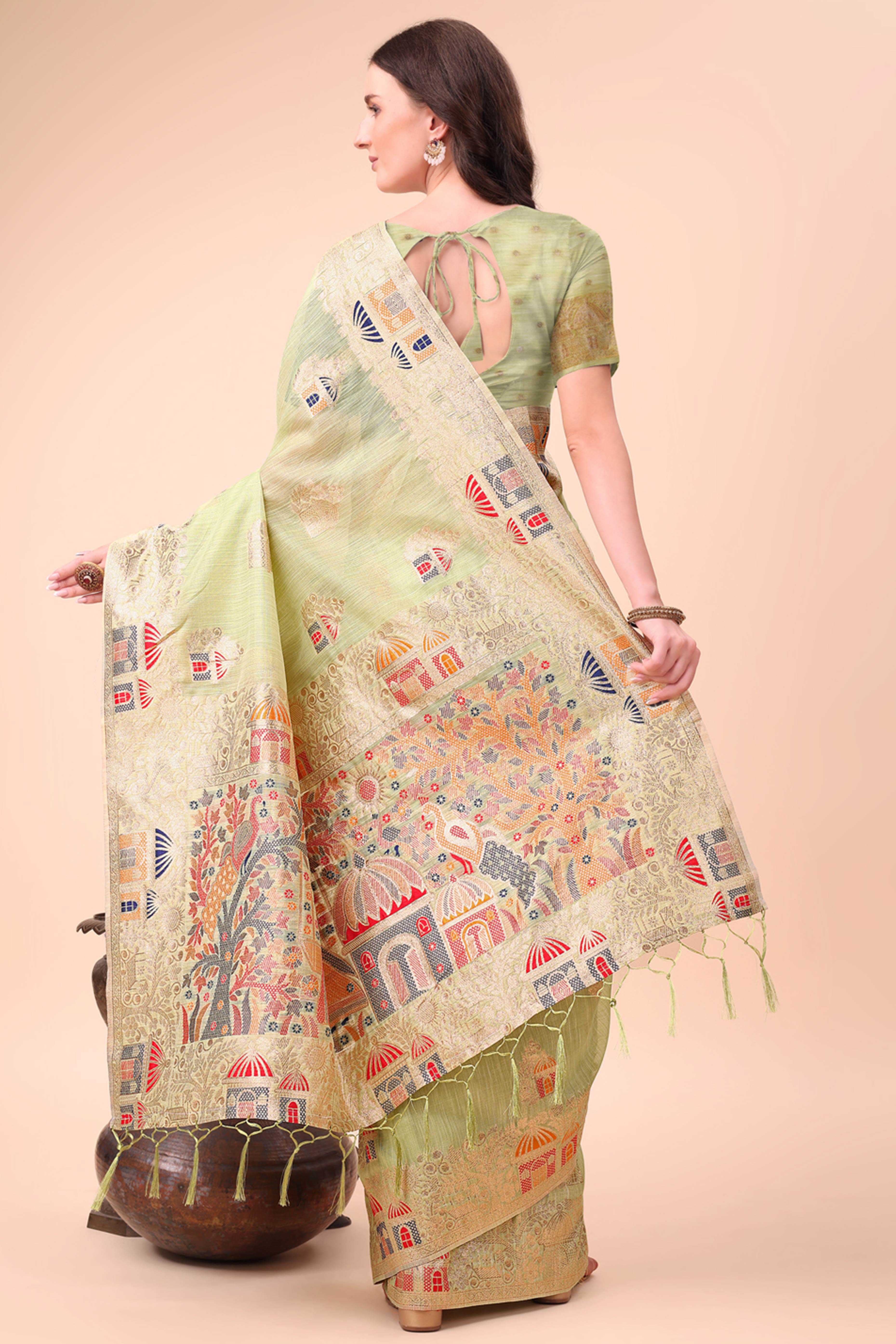 Light Green Zari Woven Linen Cotton Saree With Graceful Tassels