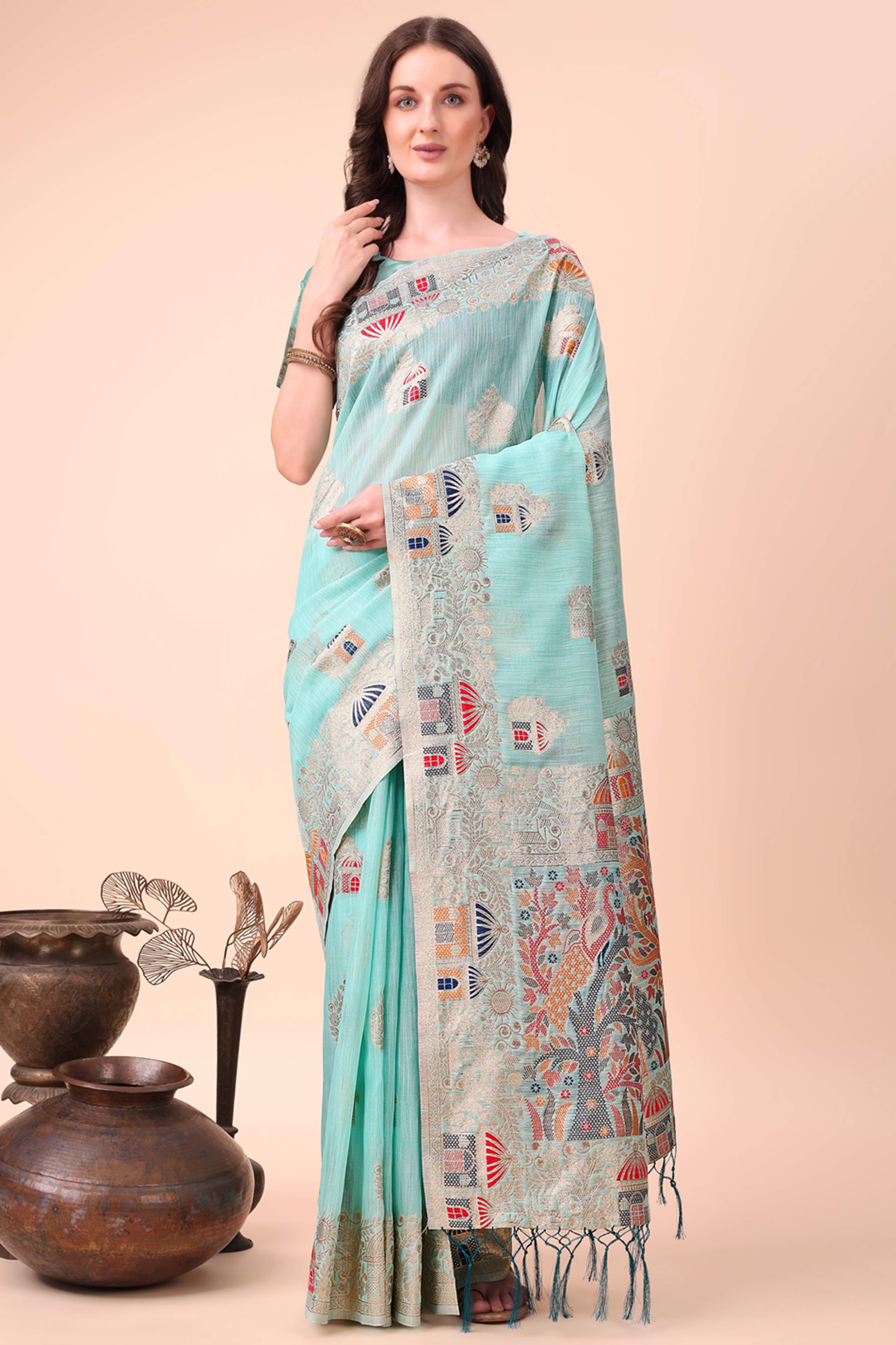 Turquoise Zari Woven Linen Cotton Saree With Graceful Tassels