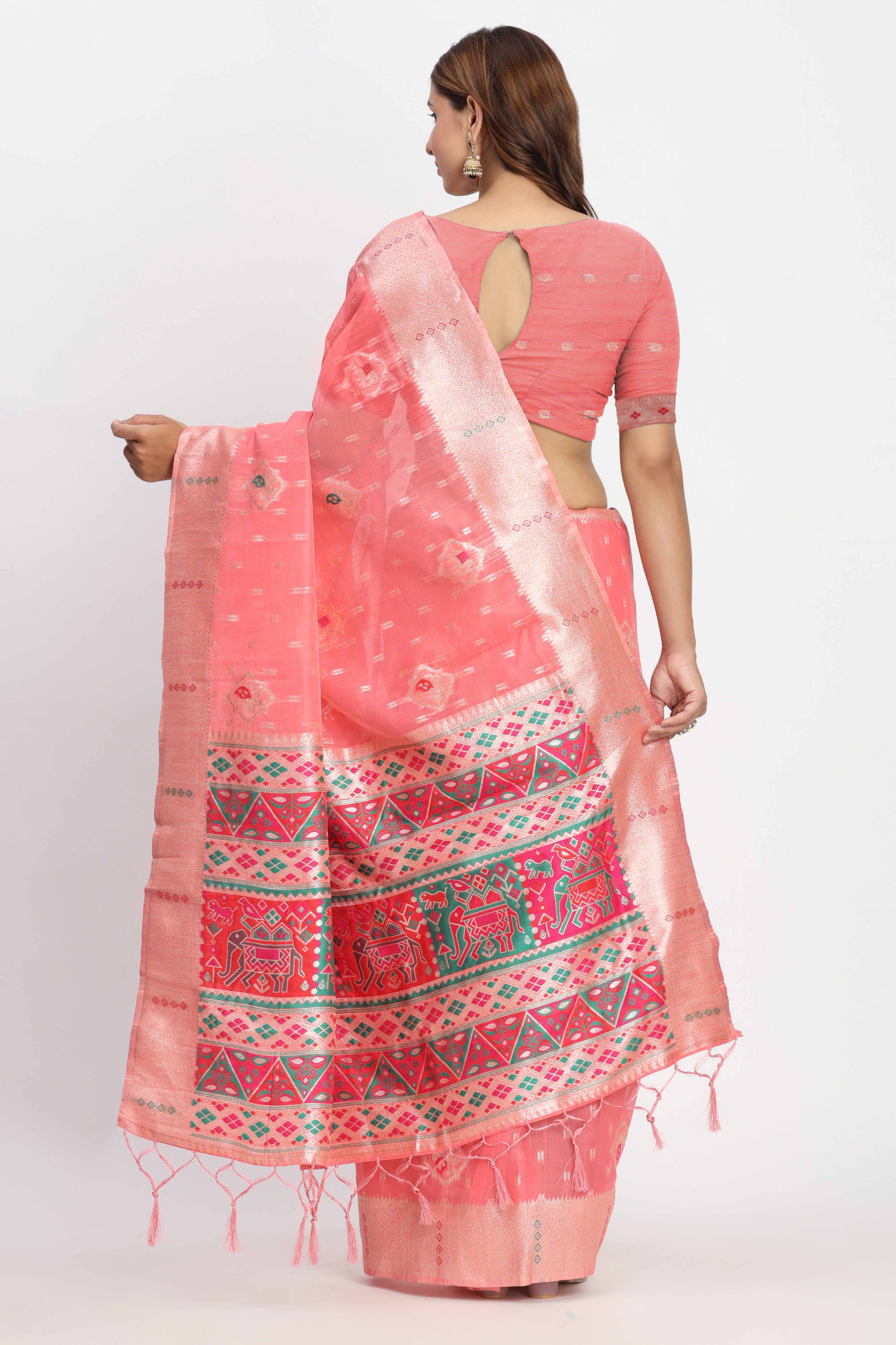 Shimmering Coral Pink linen Cotton Saree Embellished With Rich Zari Weaving And Tassels Pallu