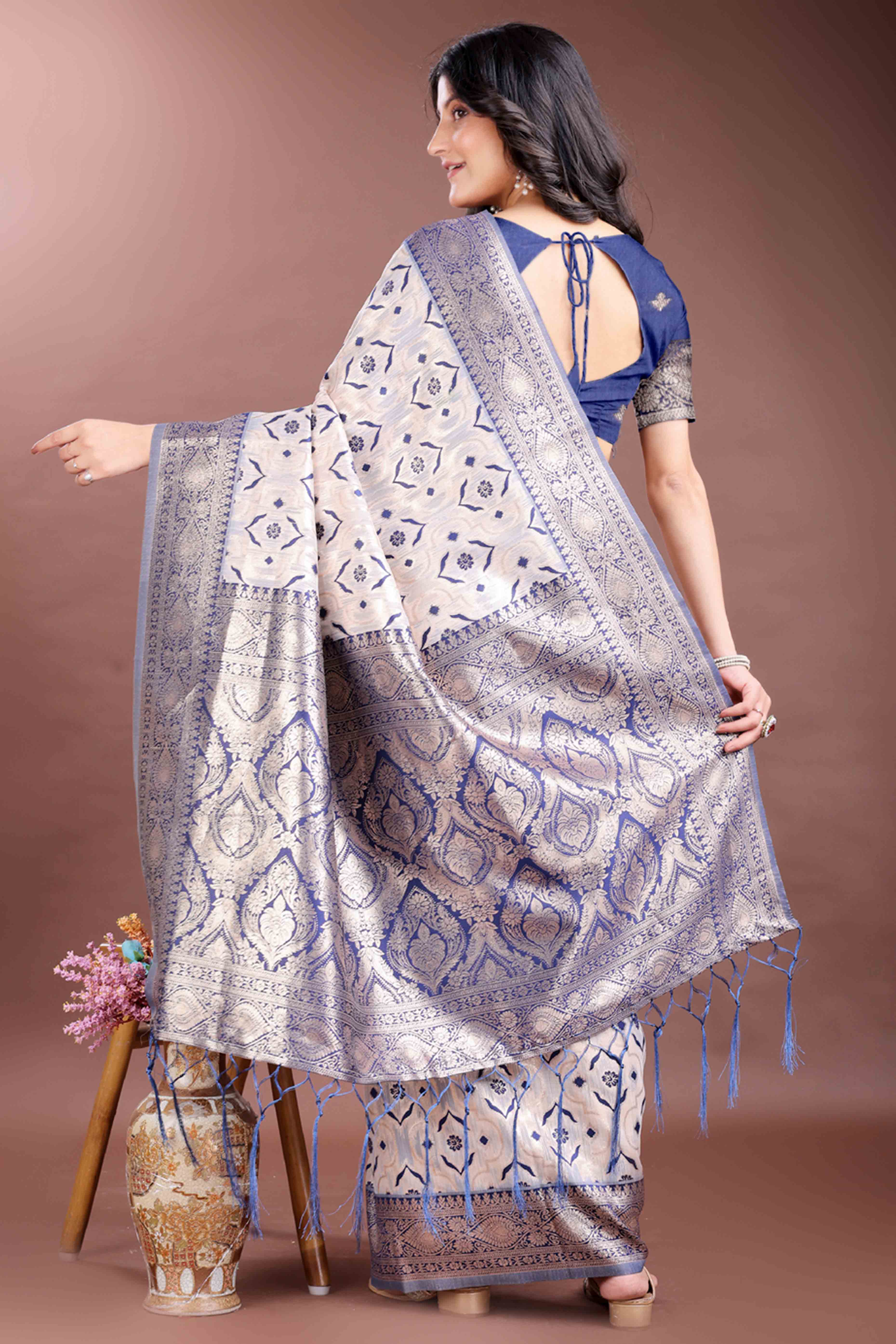 Deep Navy Blue Traditional Ikkat Style Zari Weaving Cotton Blend Saree with Elegant Tassel Embellishments