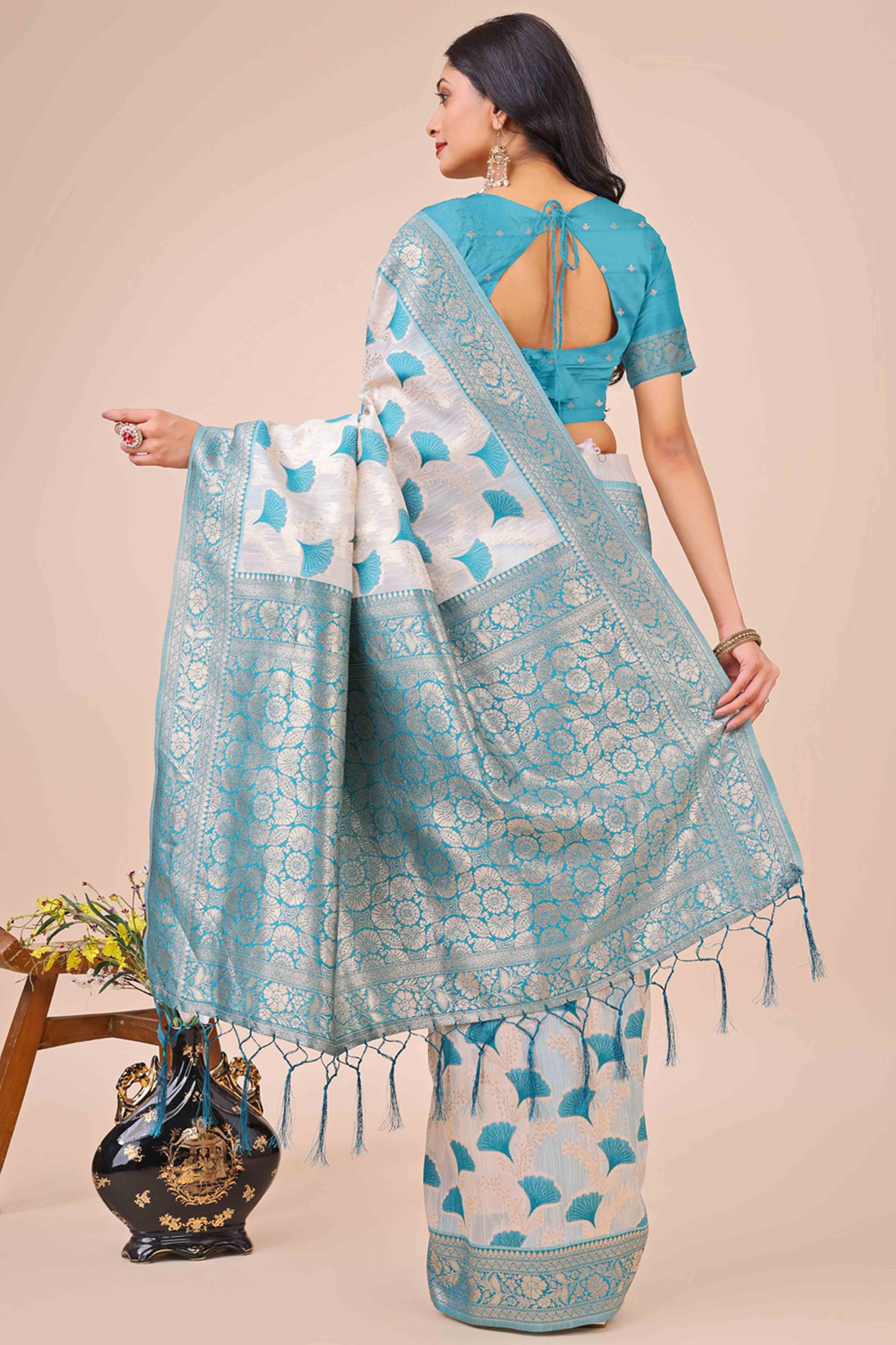 Rama Blue Saree In Linen Cotton With Beautiful Floral Woven Patterns & a Tassel