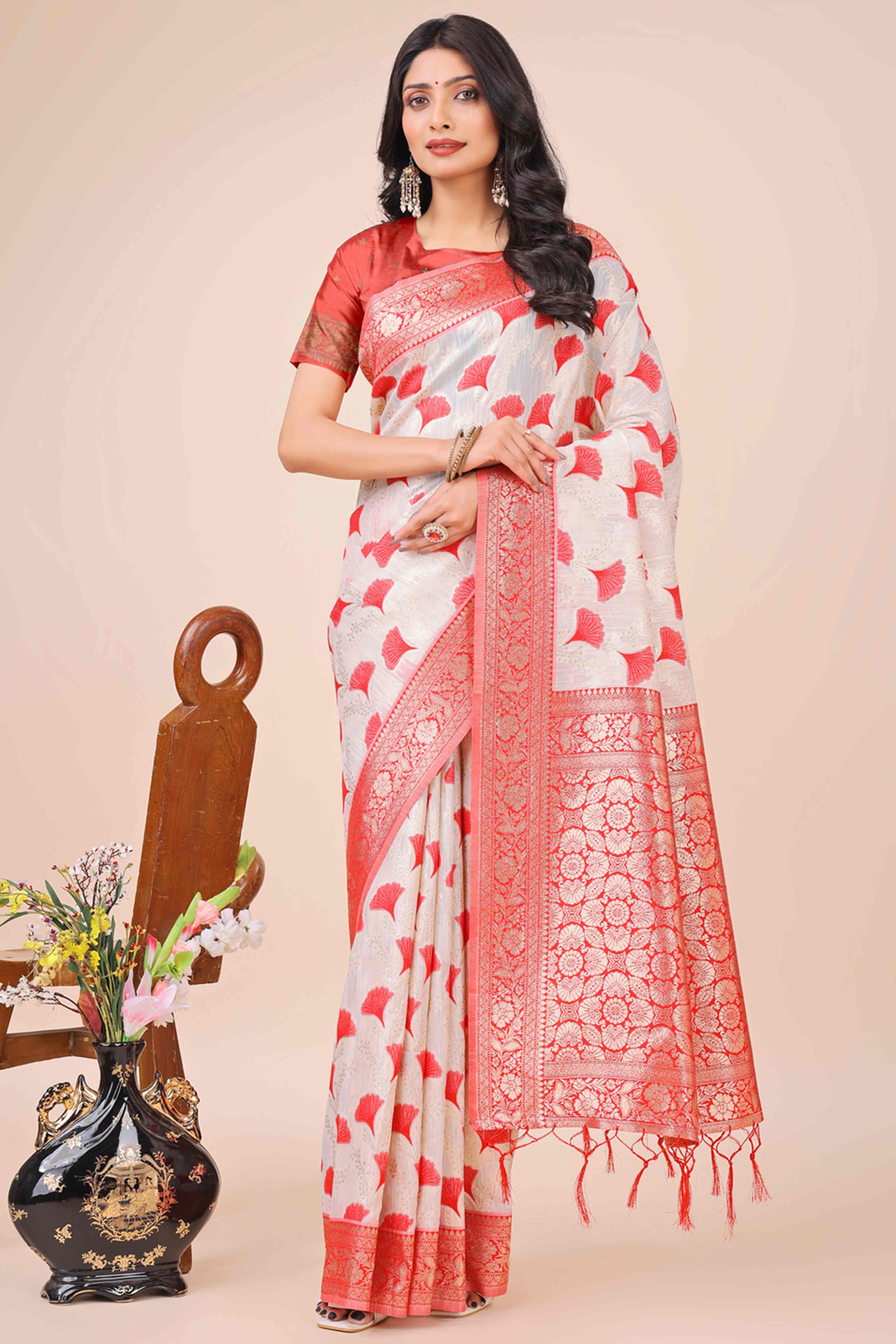 Red Saree In Linen Cotton With Beautiful Floral Woven Patterns & a Tassel