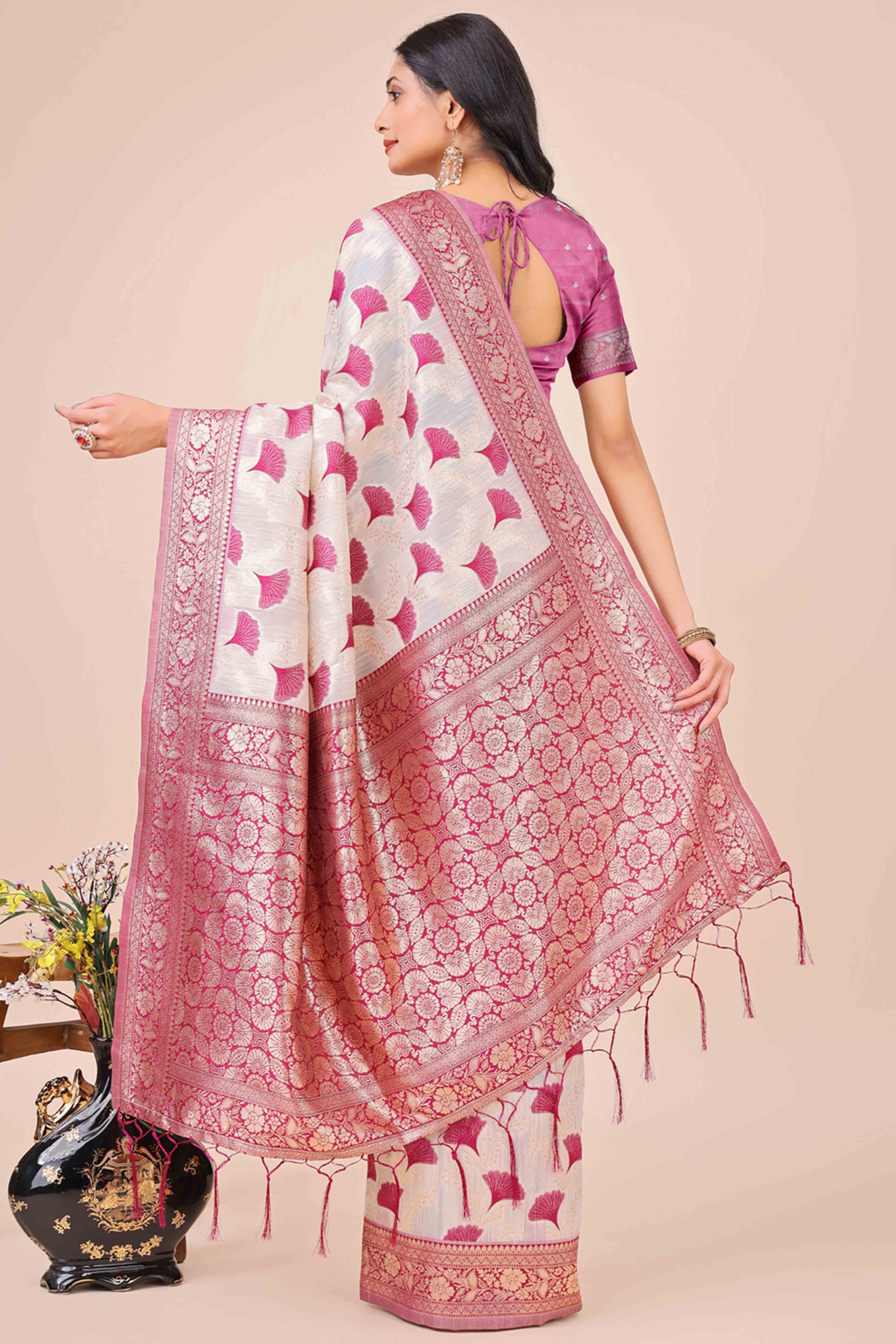 Dark Magenta Saree In Linen Cotton With Beautiful Floral Woven Patterns & a Tassel