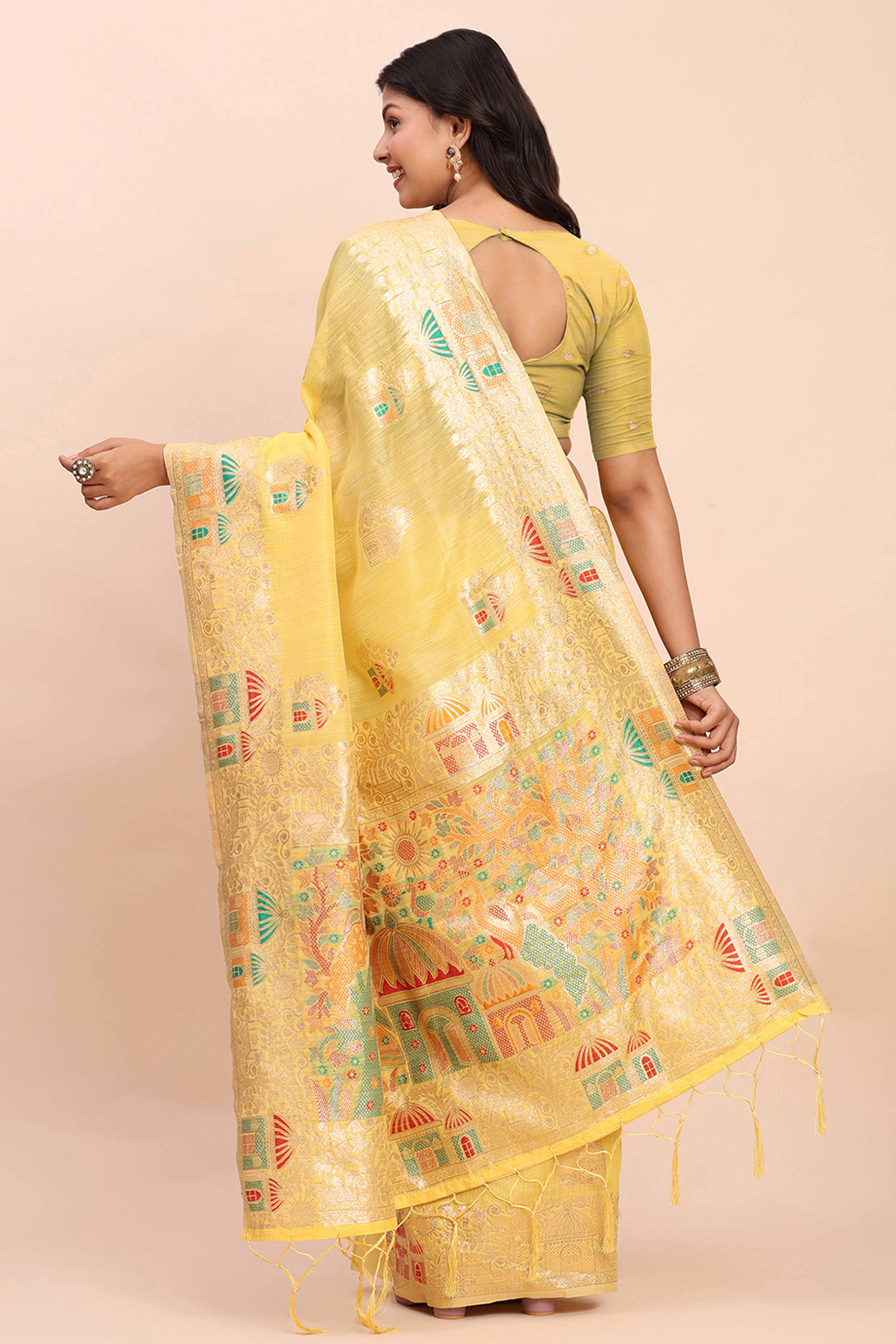 Yellow Bloom Zari Woven Linen Cotton Saree Adorned With Floral Motifs & A Tassel Finish