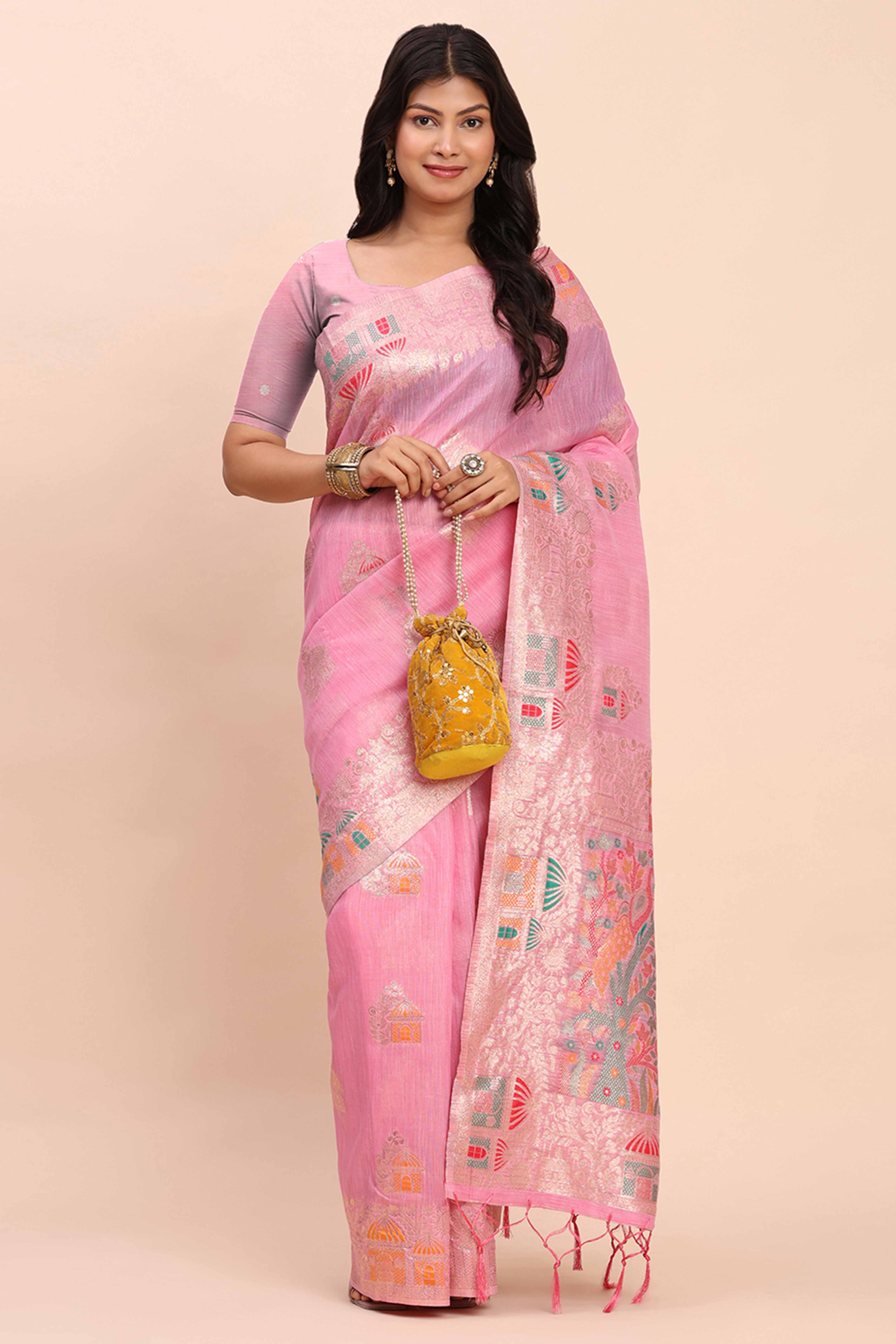 Pink Bloom Zari Woven Linen Cotton Saree Adorned With Floral Motifs & A Tassel Finish