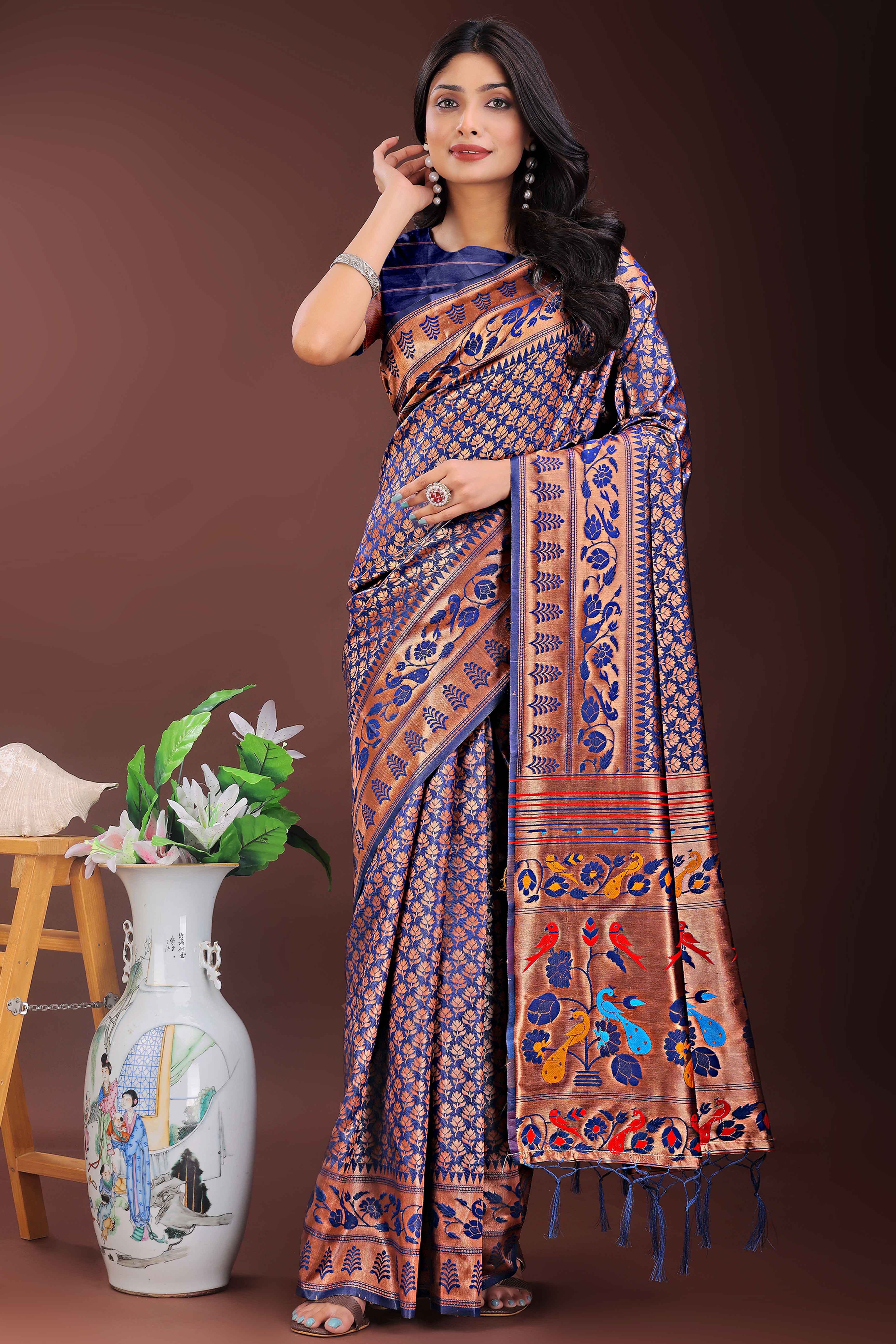 Navy Blue Silk Banarasi Saree with Stunning Zari Woven Brocade Patterns