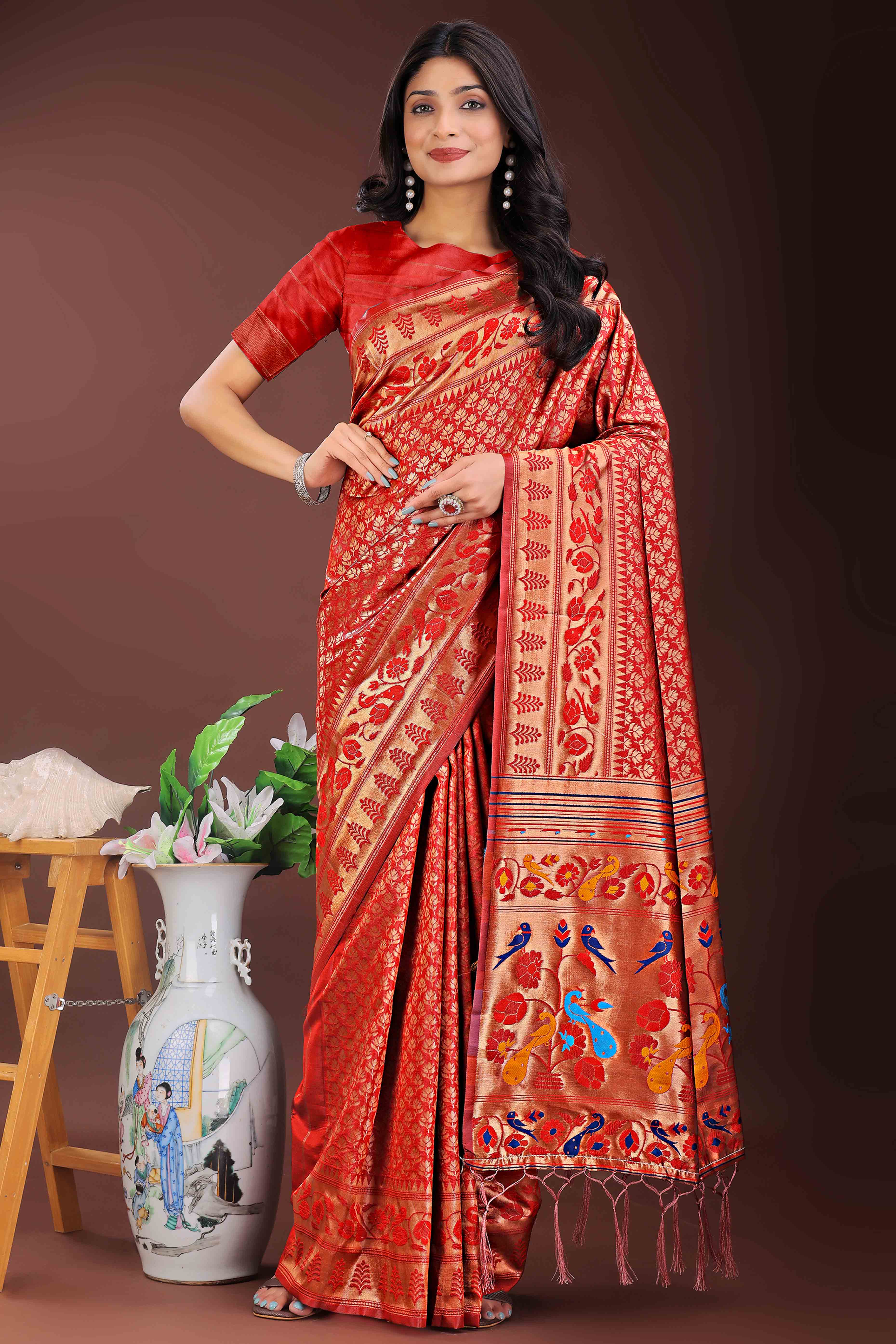Red Silk Banarasi Saree with Stunning Zari Woven Brocade Patterns