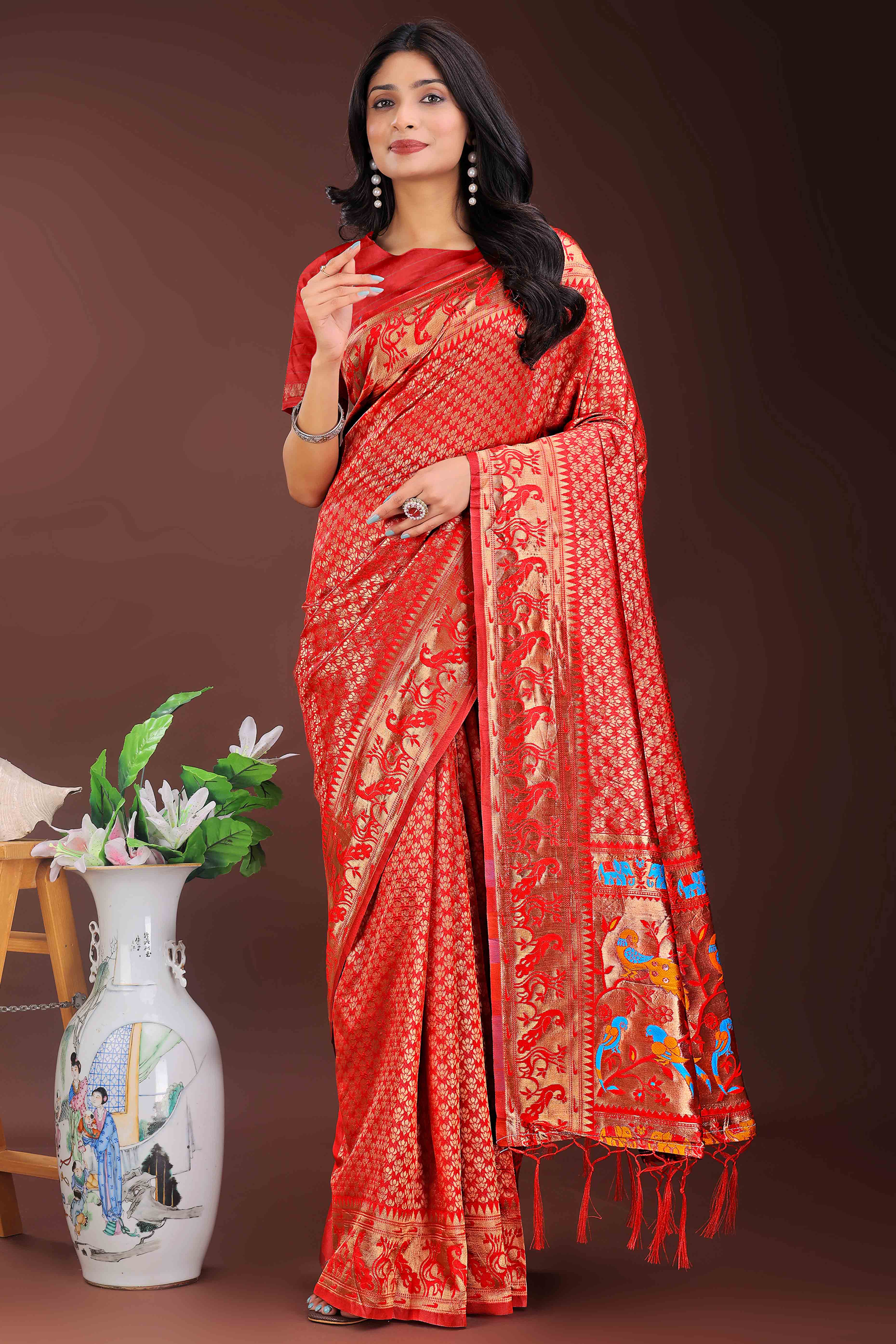 Red Saree in Banarasi Silk with Luxurious Zari Brocade Weaving