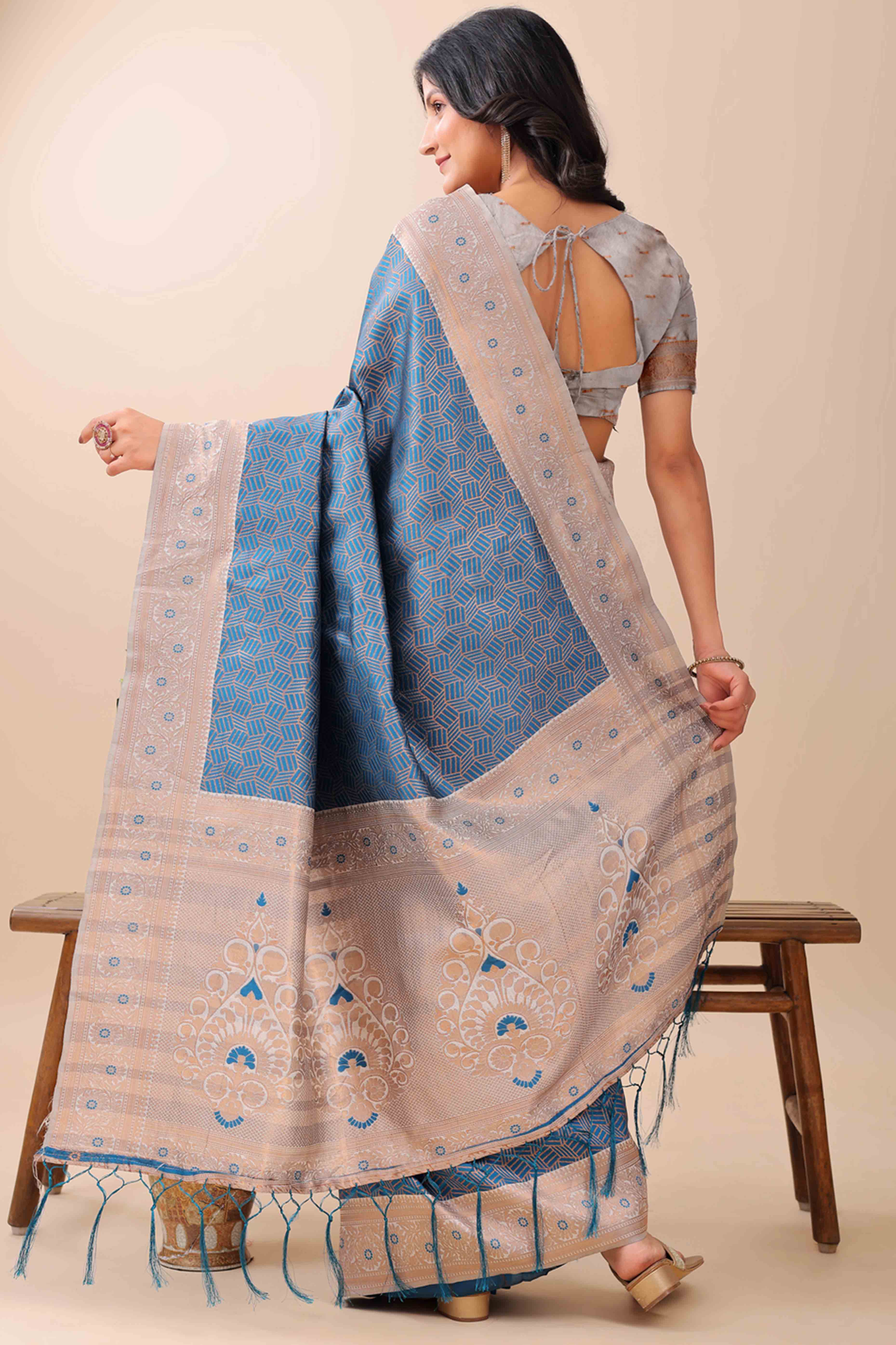 Blue Lichi Cotton Silk Saree With Intricate Zari Weaving In Floral & Geometric Patterns