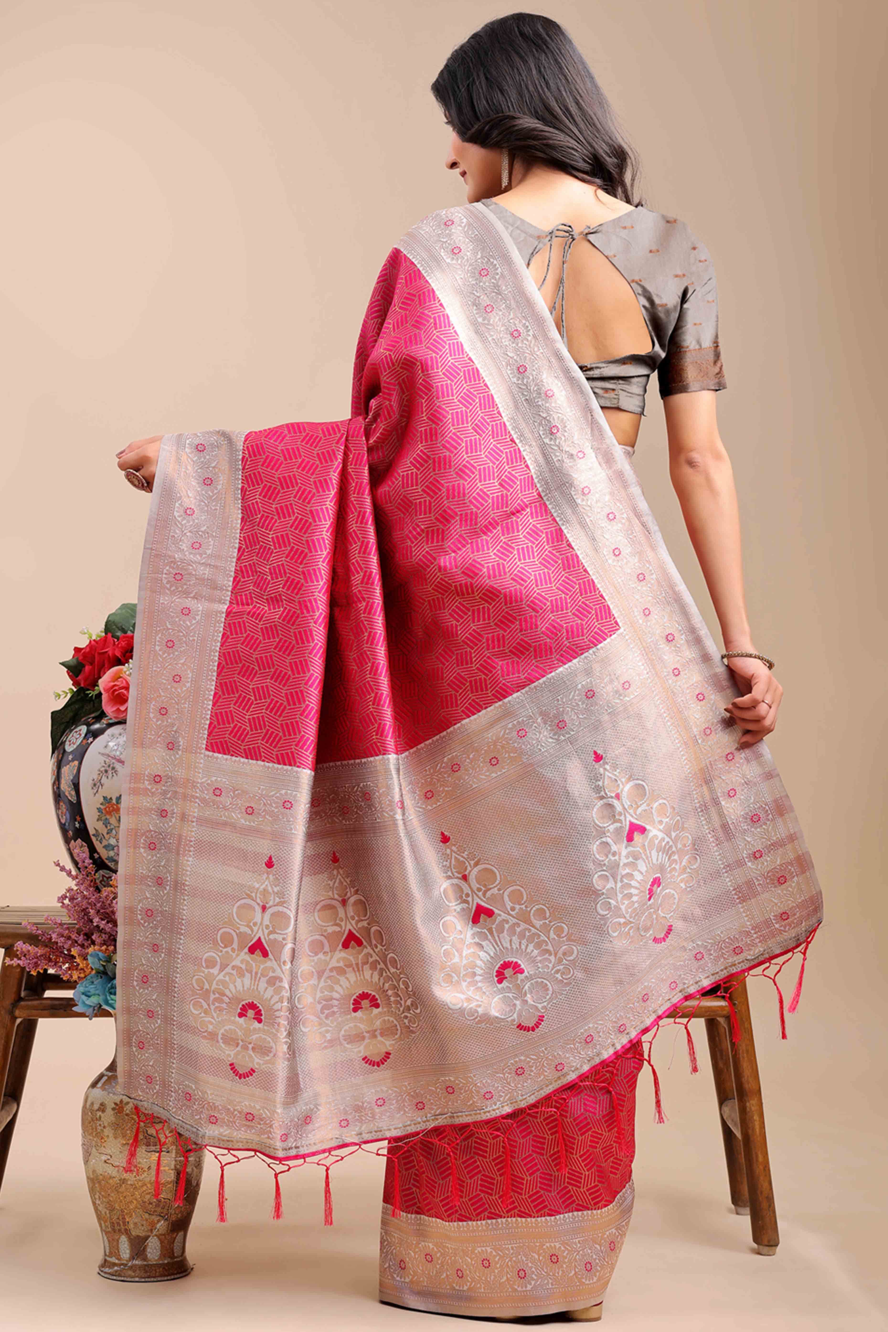 Pink Lichi Cotton Silk Saree With Intricate Zari Weaving In Floral & Geometric Patterns