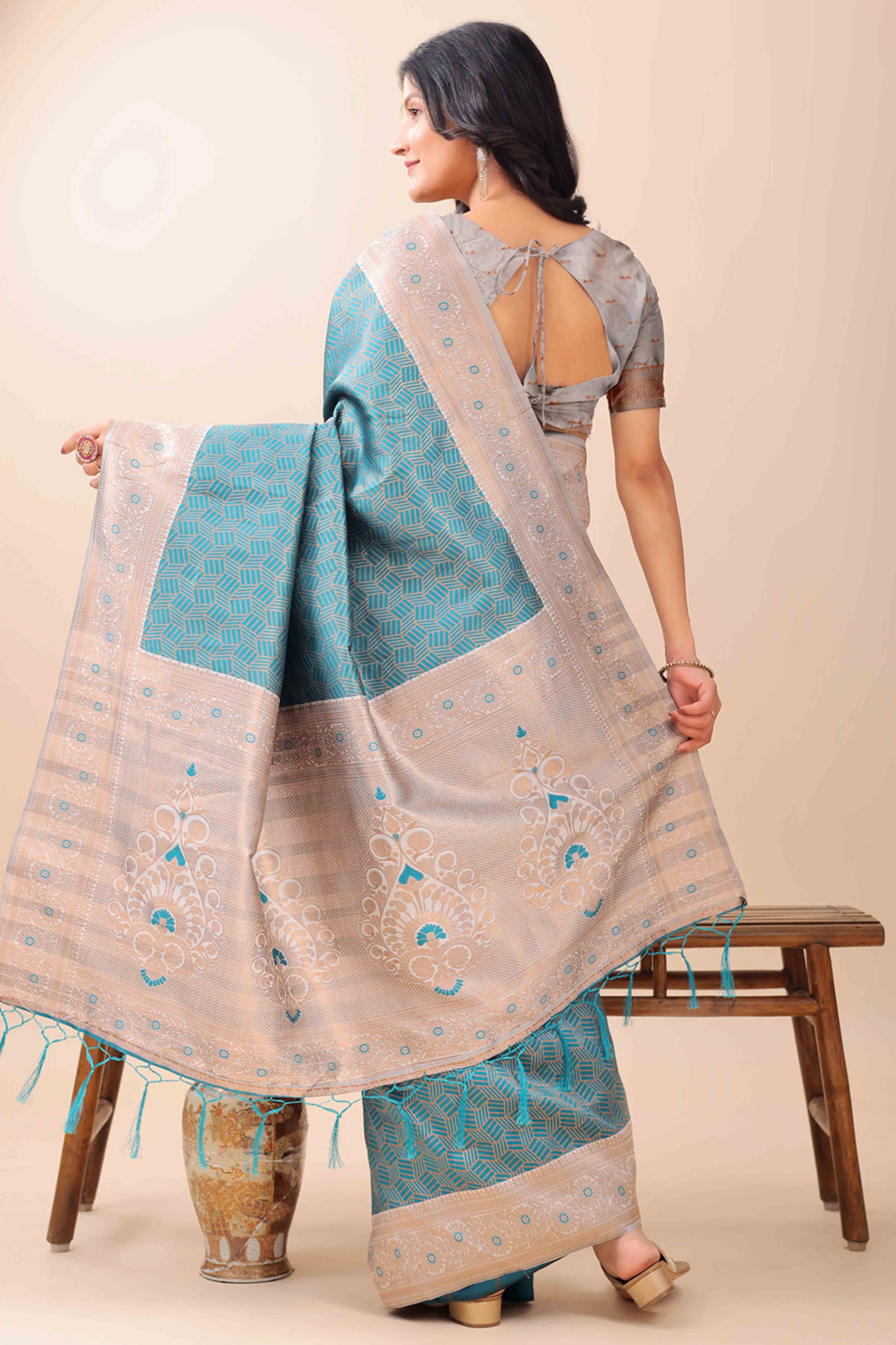 Teal Lichi Cotton Silk Saree With Intricate Zari Weaving In Floral & Geometric Patterns