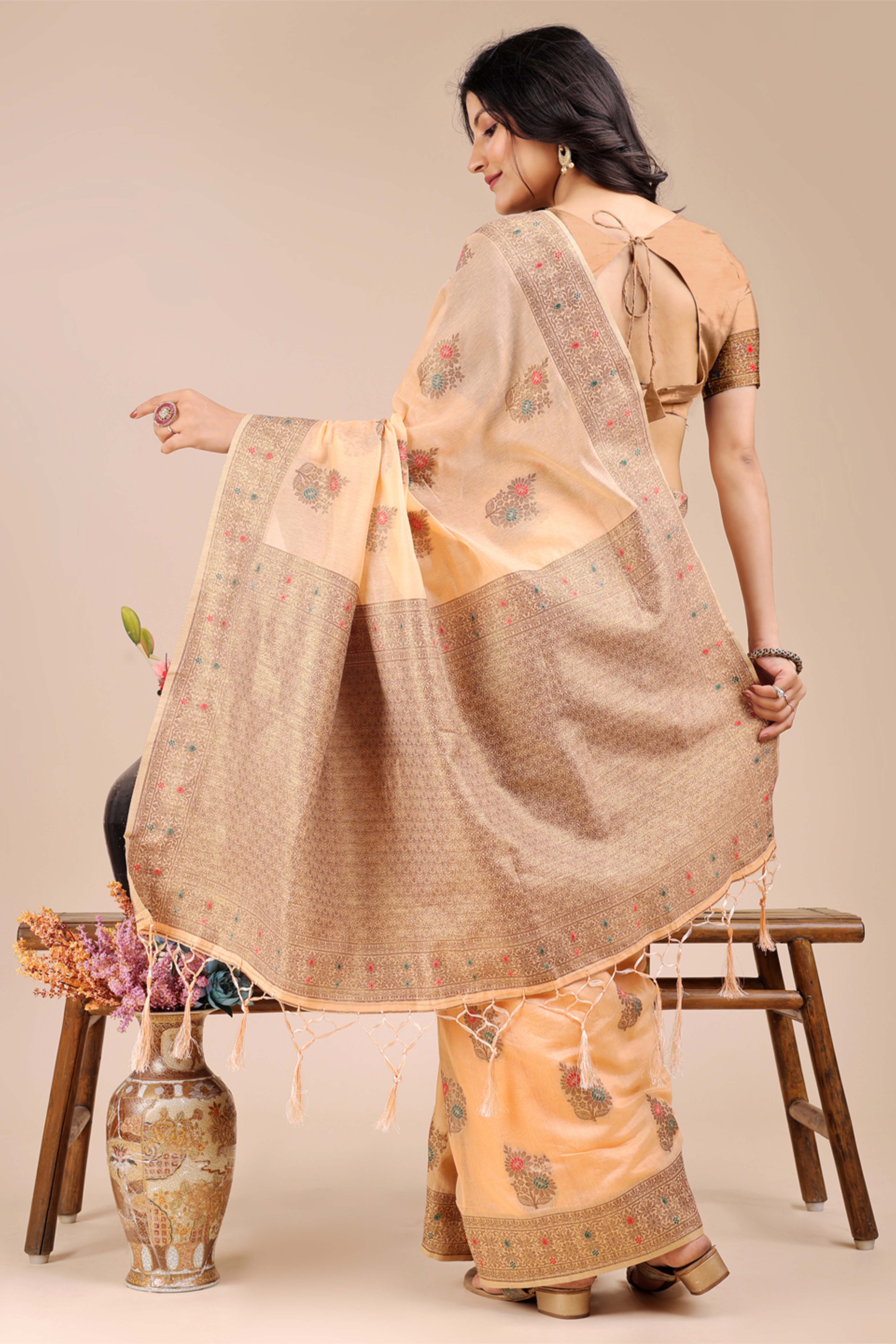 Peach Saree in Cotton Silk with Heritage Inspired Zari Woven Accents