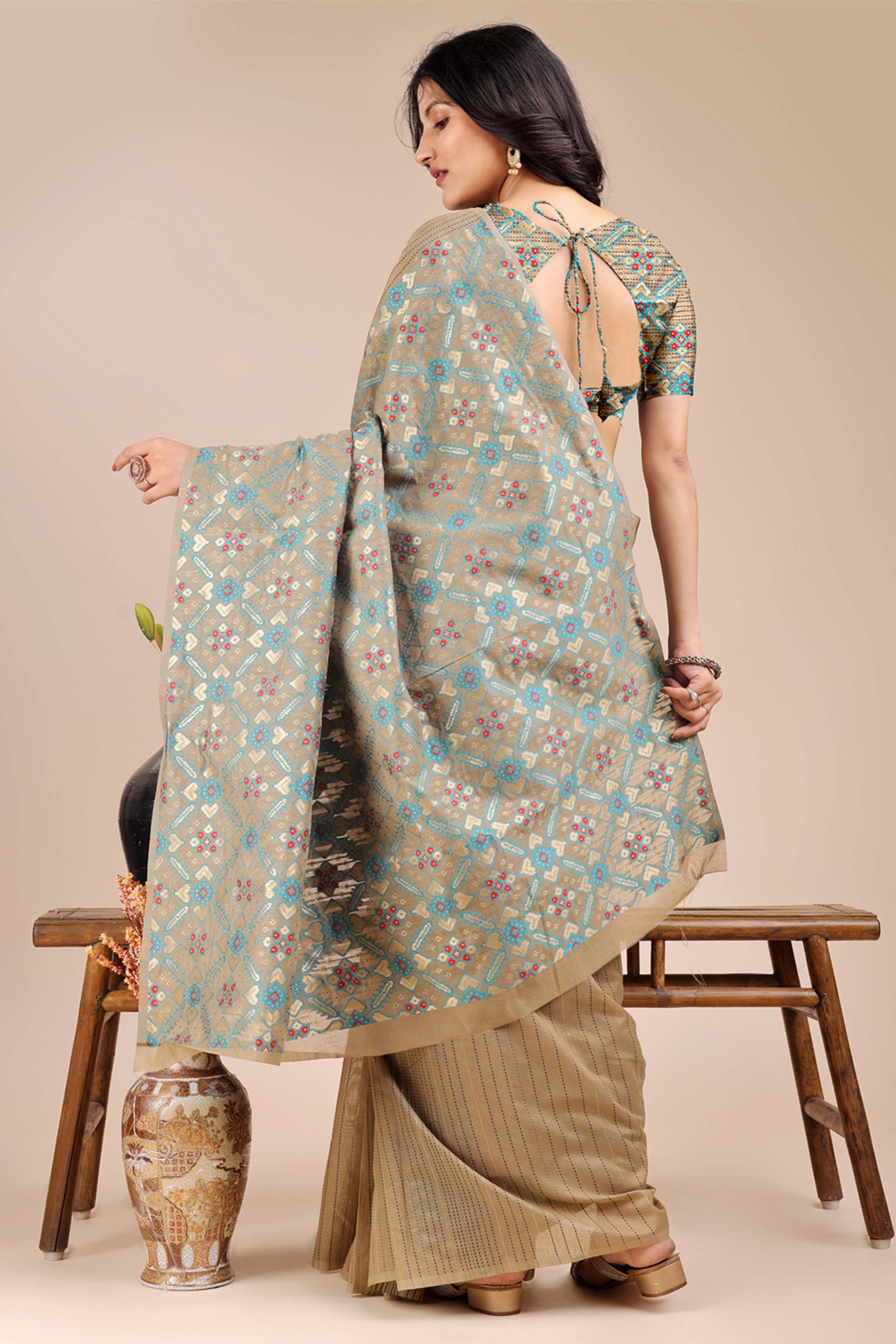 Beige Saree in Cotton Silk with Heritage Inspired Zari Woven Accents