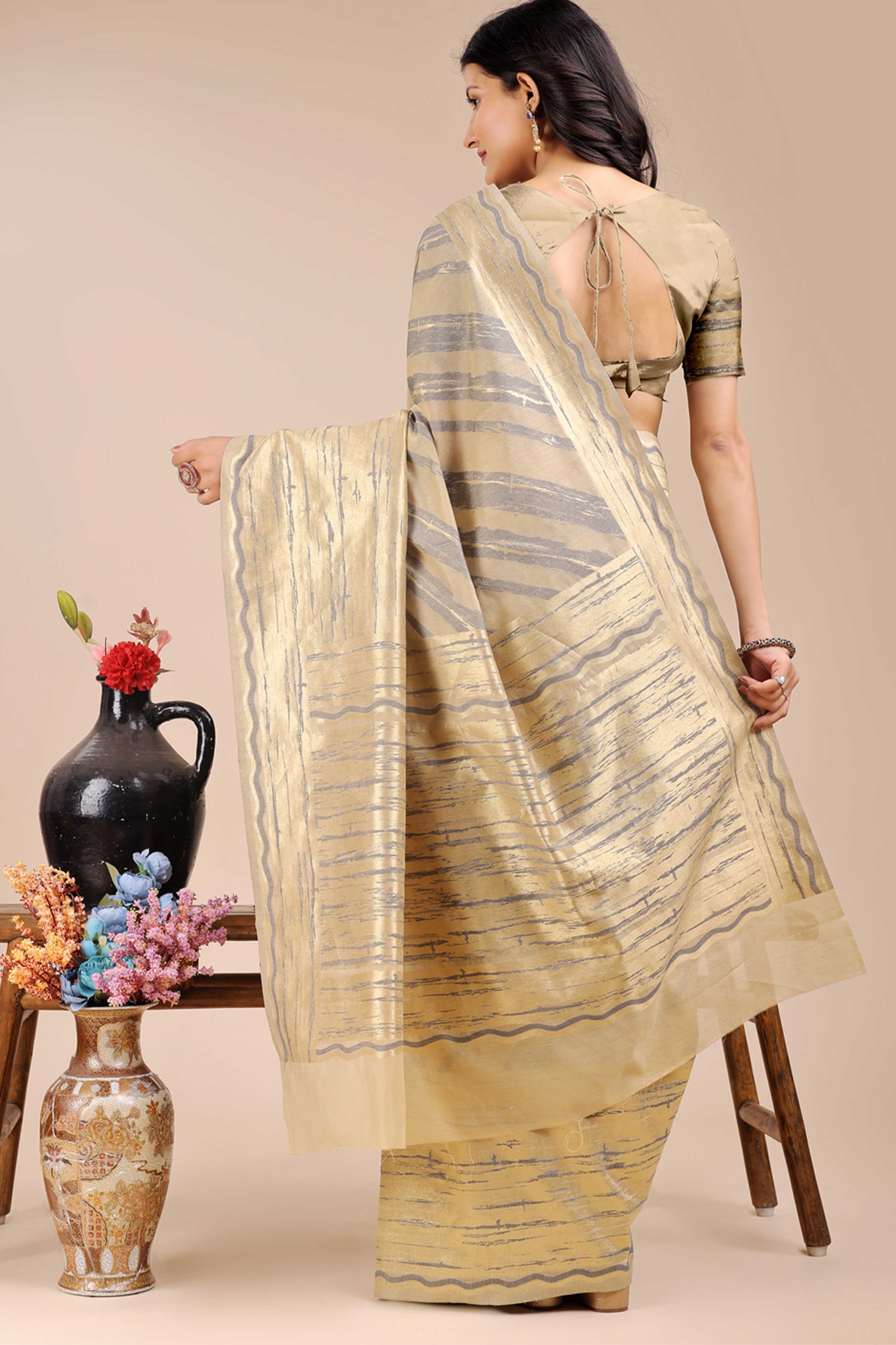 Cream Saree in Cotton Silk with Heritage Inspired Zari Woven Accents