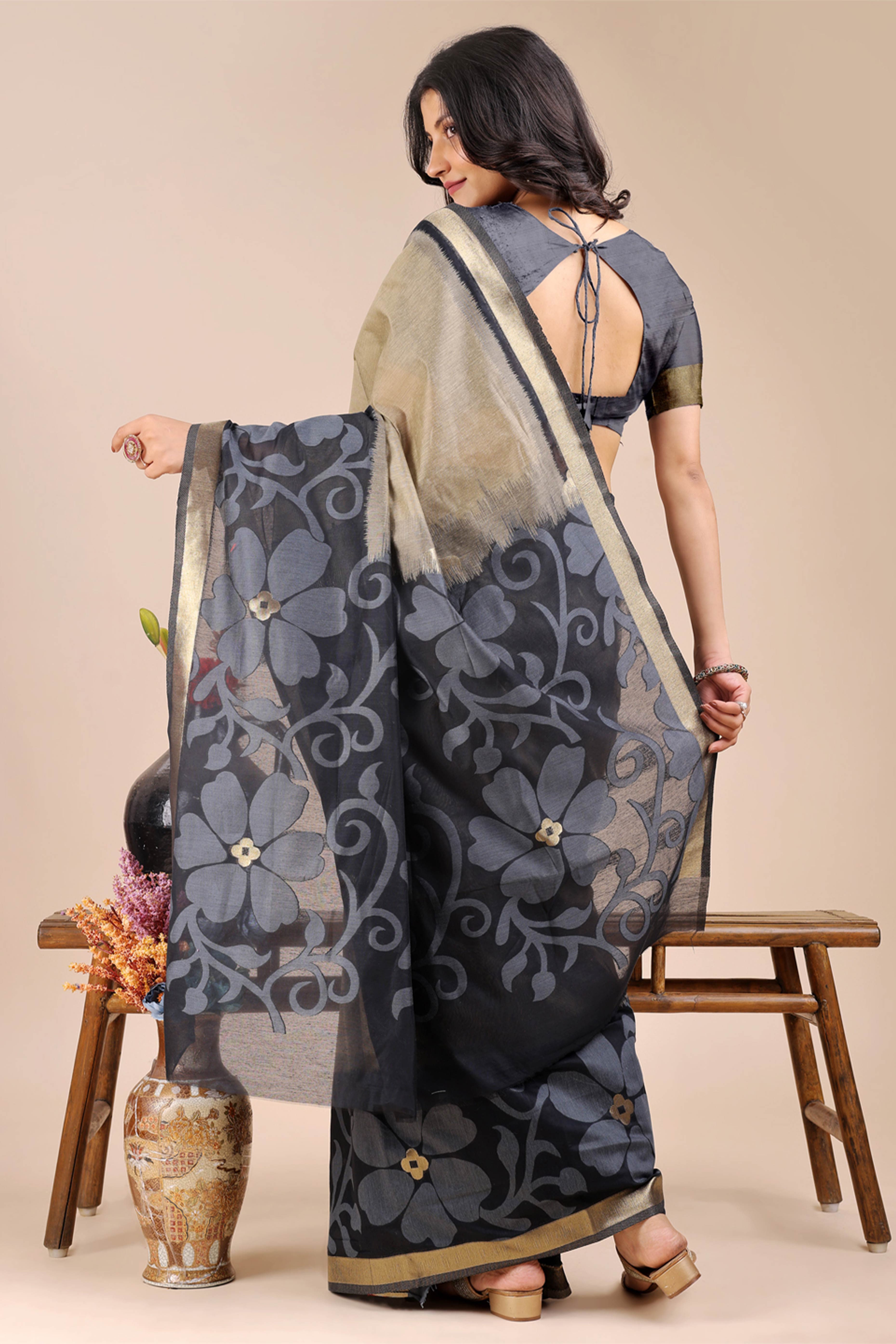 Beige & Black Saree in Cotton Silk with Heritage Inspired Zari Woven Accents