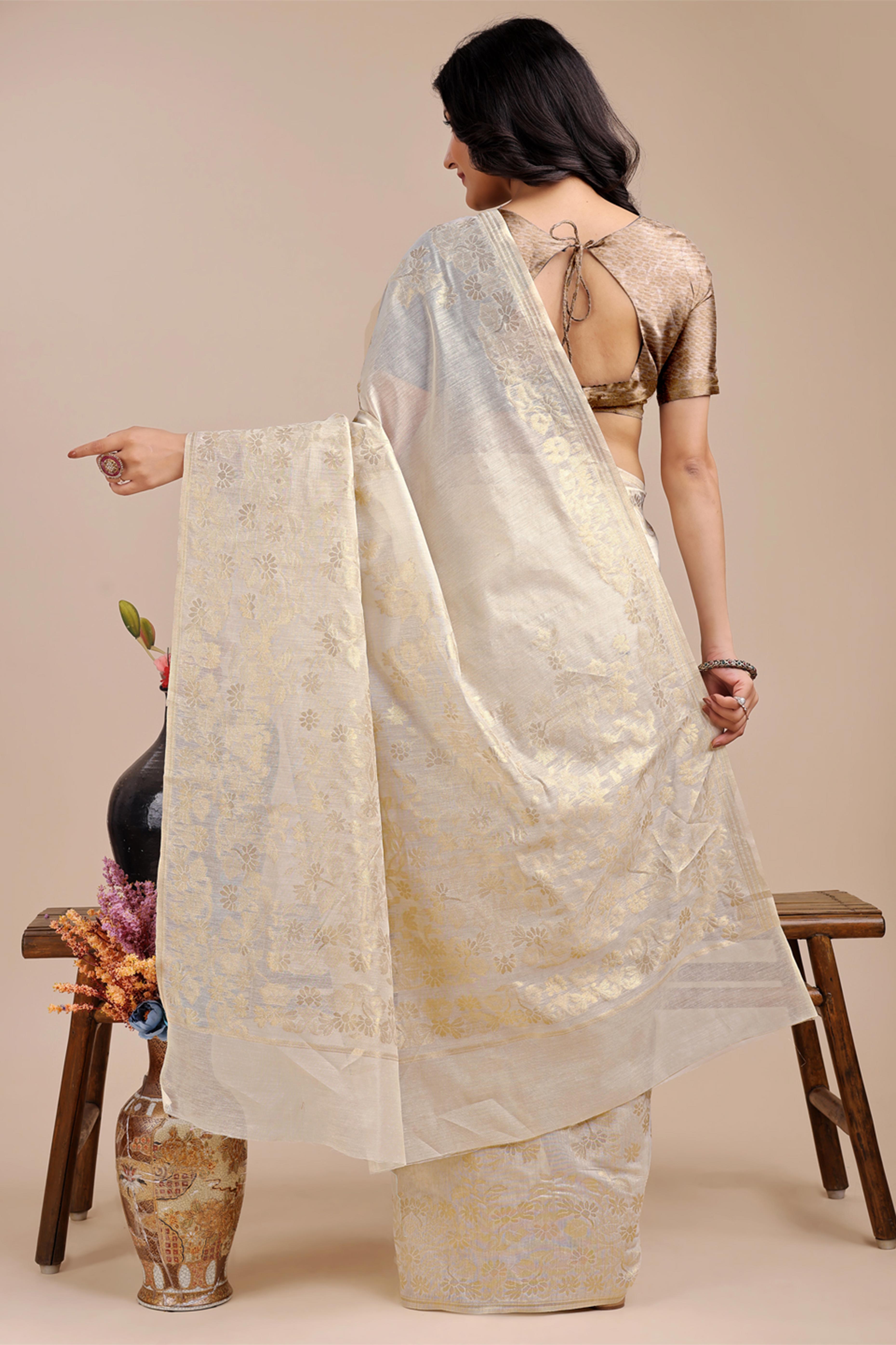 Off White Saree in Cotton Silk with Heritage Inspired Zari Woven Accents