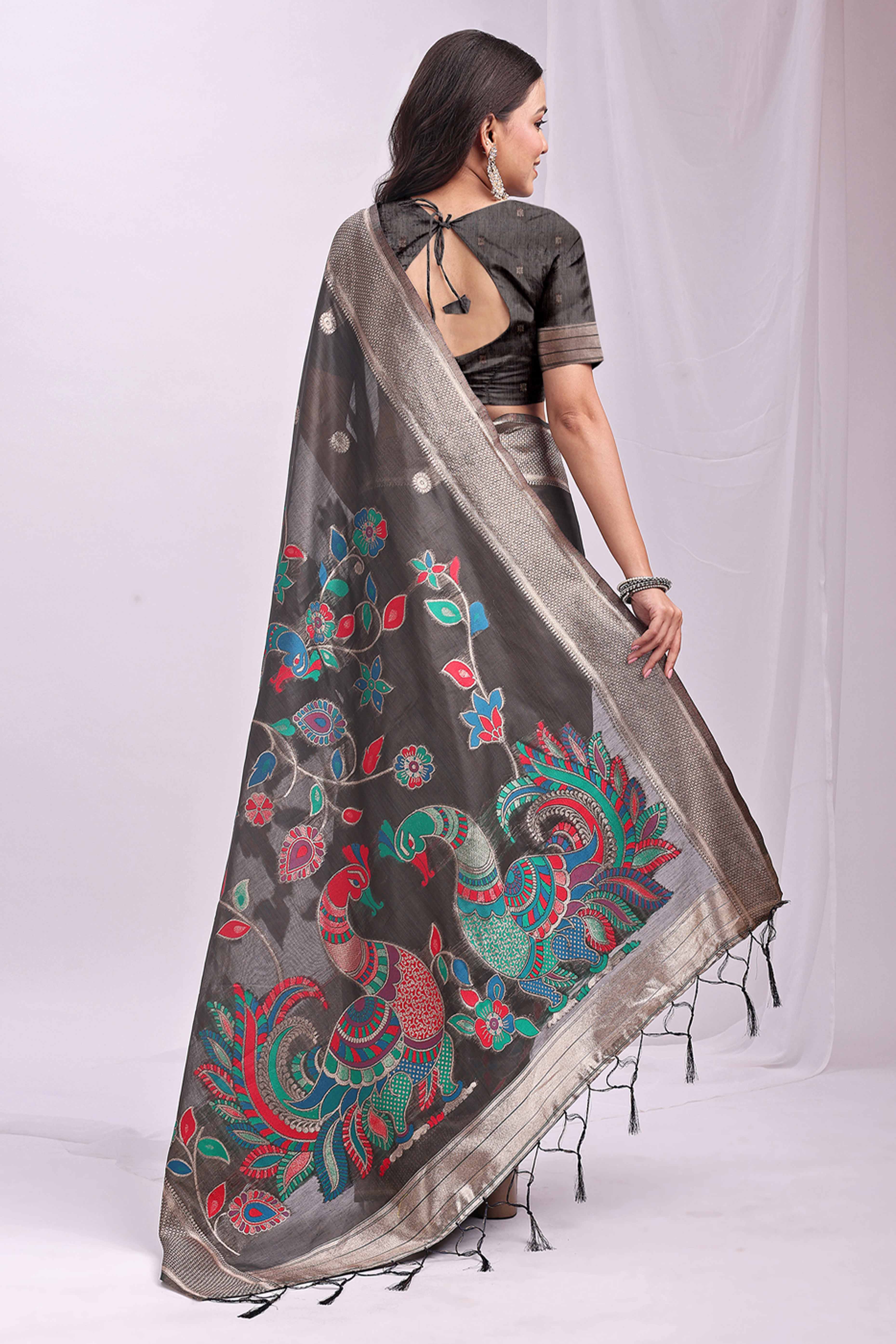 Dark Grey Floral Woven Linen Cotton Saree Accented With Peacock Motif Pallu & Zari Border