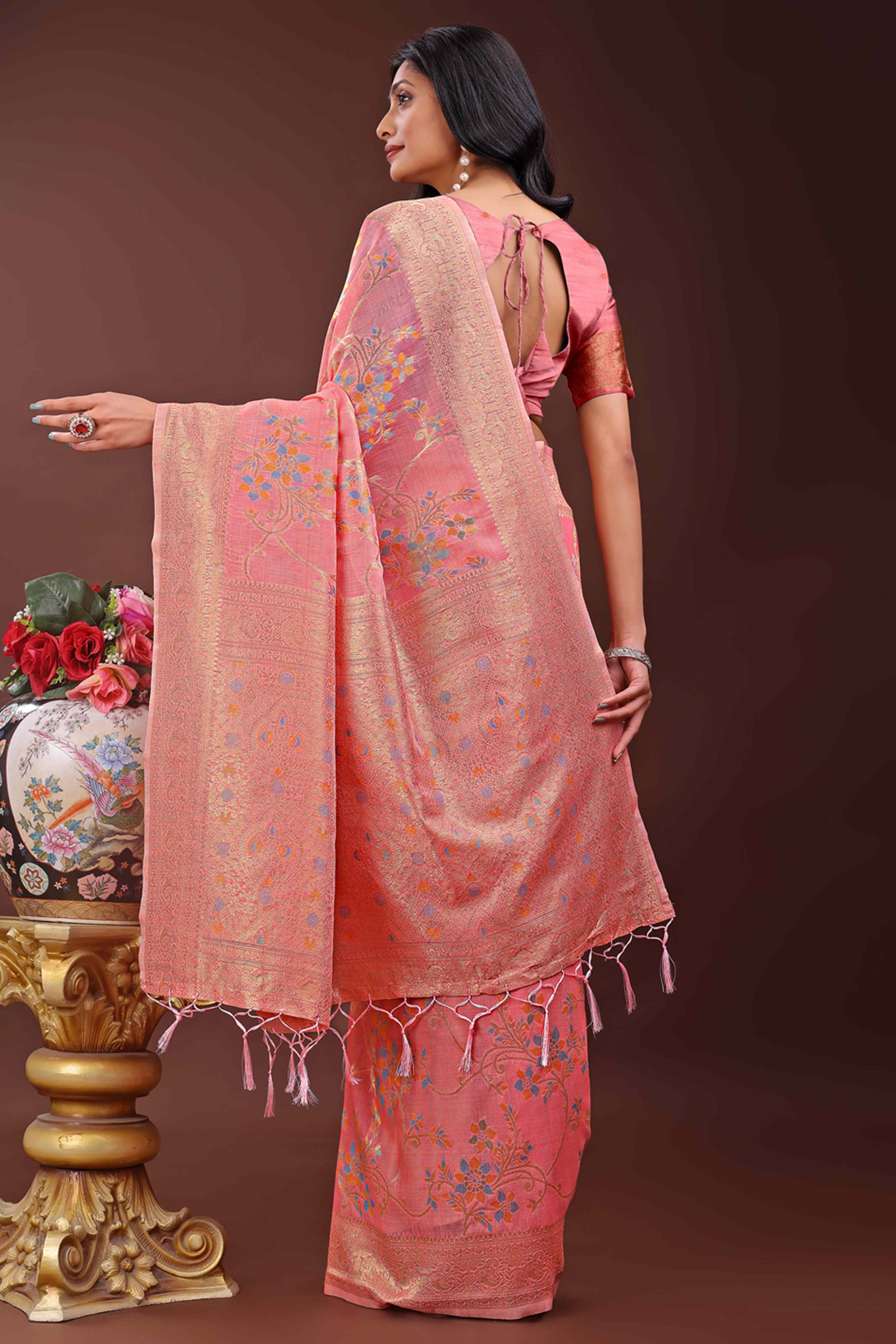 Gajari Pink Linen Cotton Saree With Intricate Floral Zari Weaving & Tassel Edge