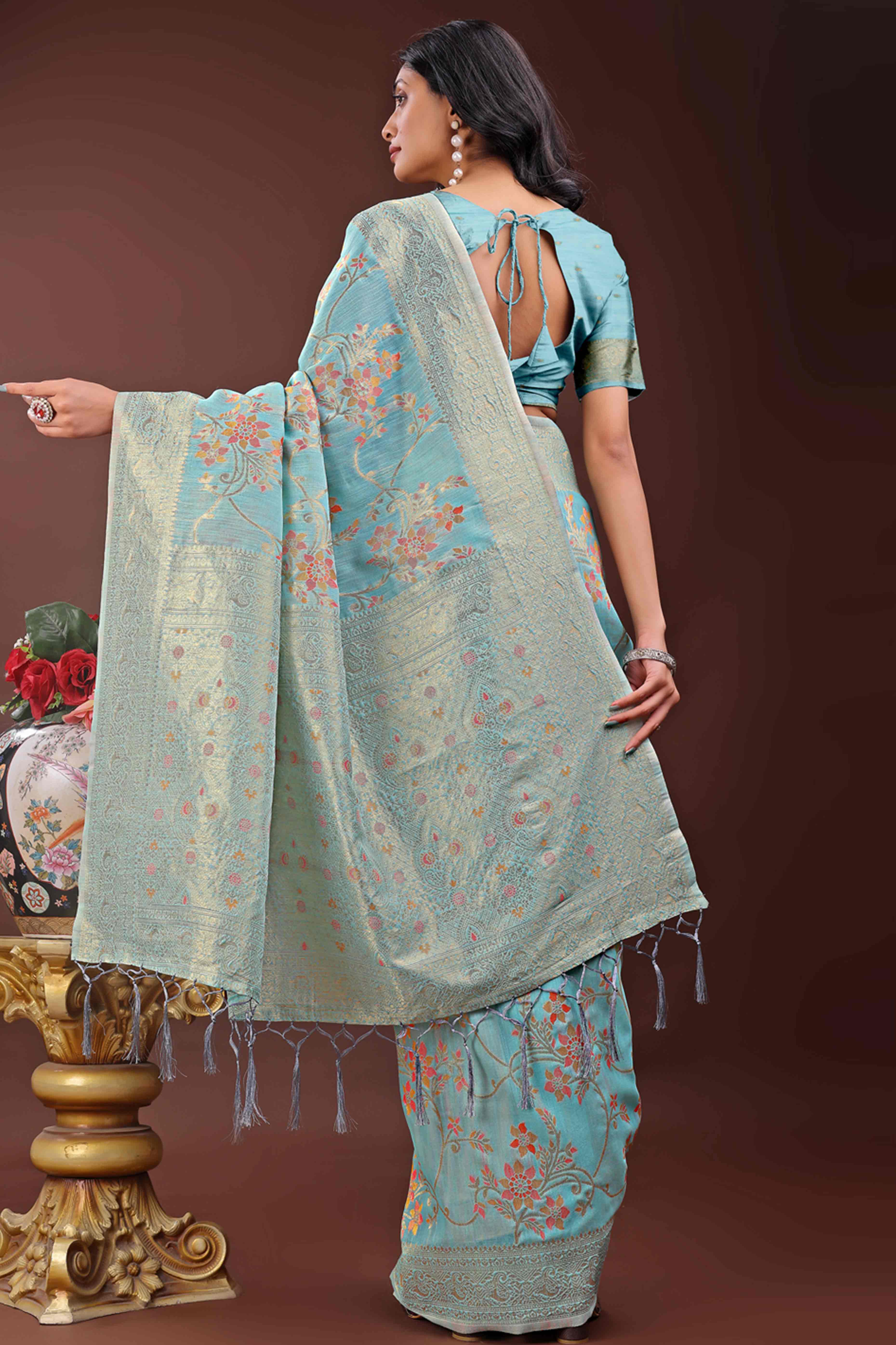 Blue Linen Cotton Saree With Intricate Floral Zari Weving & Tassel Edge