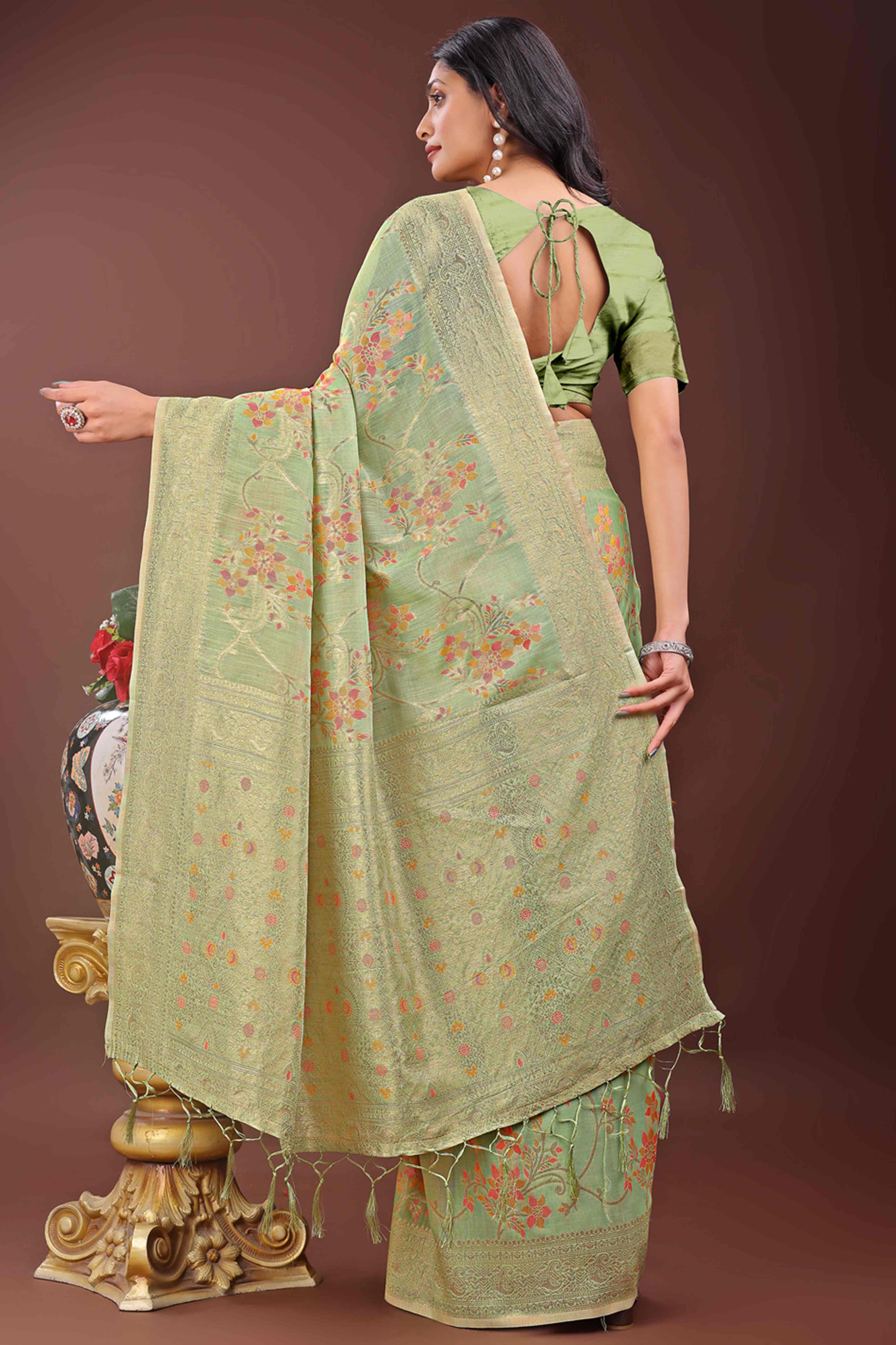Green Linen Cotton Saree With Intricate Floral Zari Weaving & Tassel Edge
