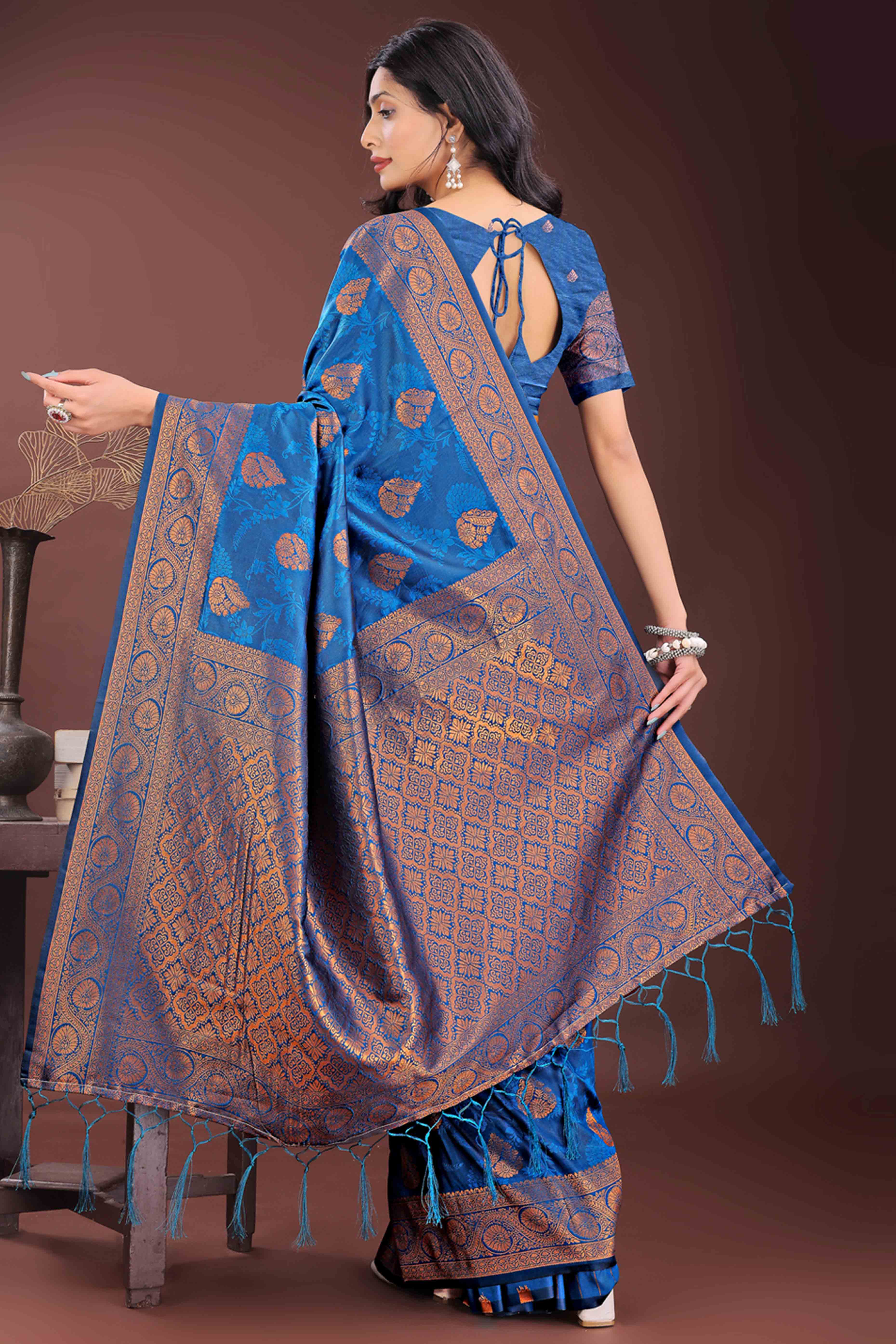 Blue Banarasi Saree in Silk with Intricately Woven Zari Florals