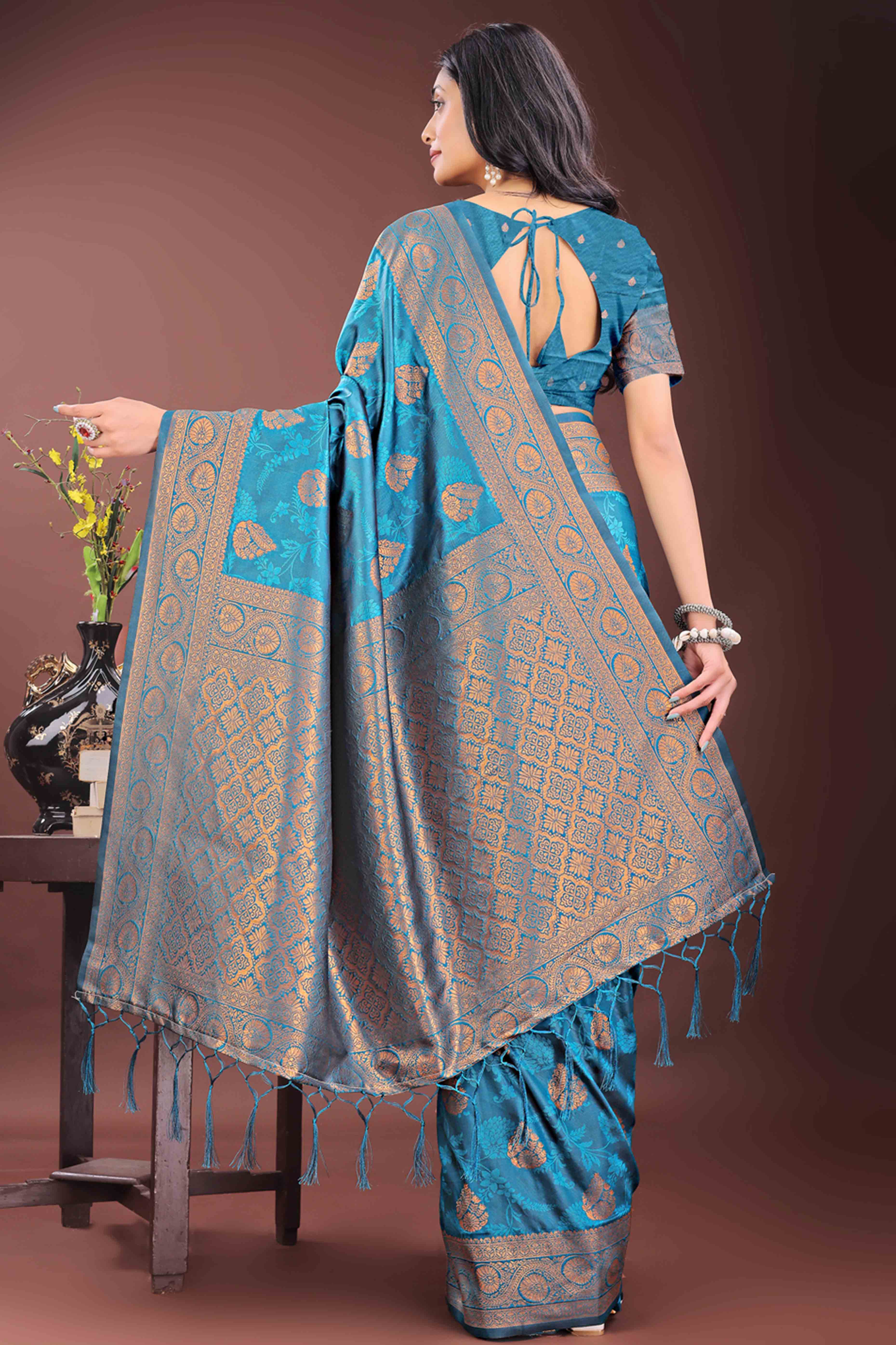 Teal Banarasi Saree in Silk with Intricately Woven Zari Florals