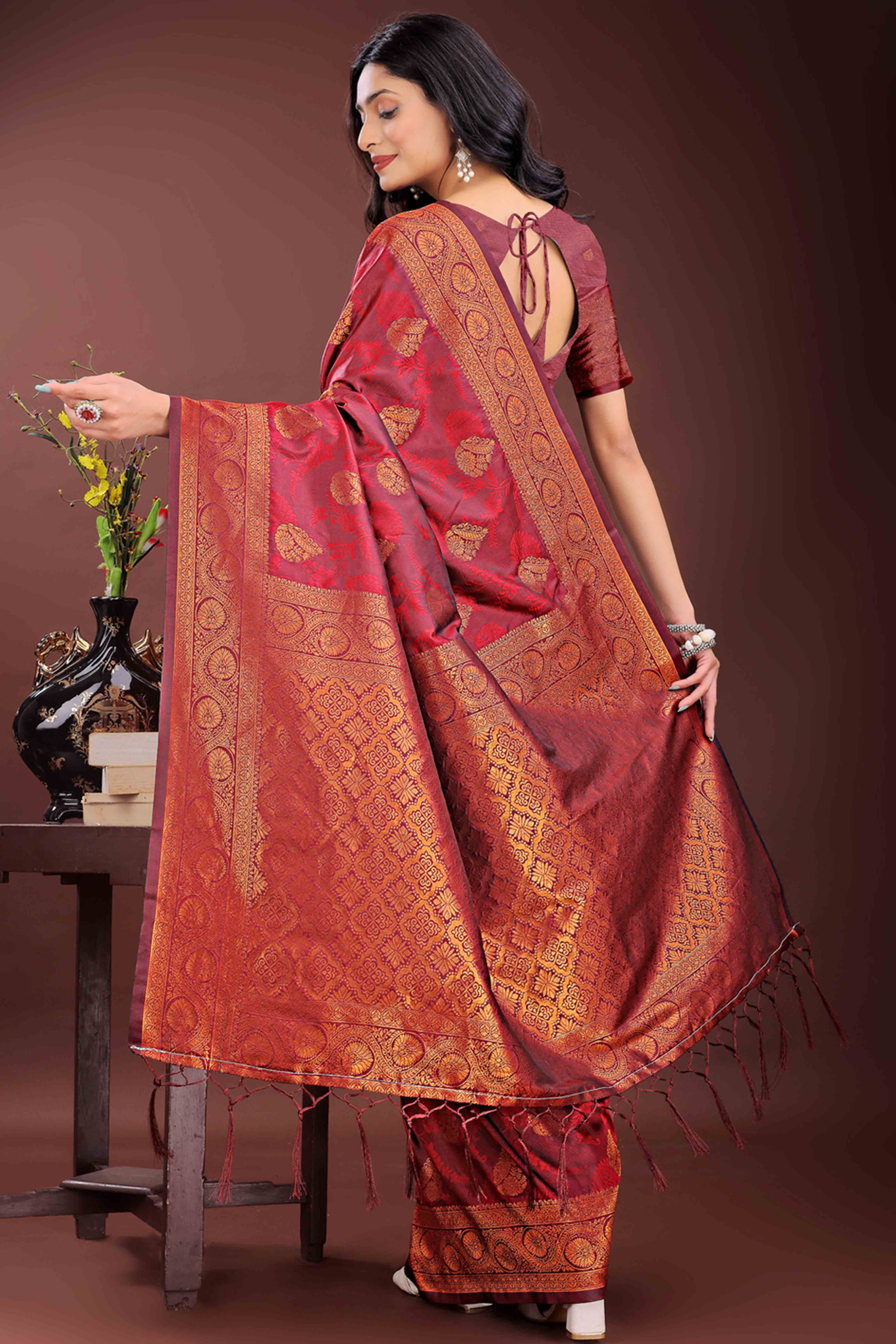 Maroon Banarasi Saree in Silk with Intricately Woven Zari Florals