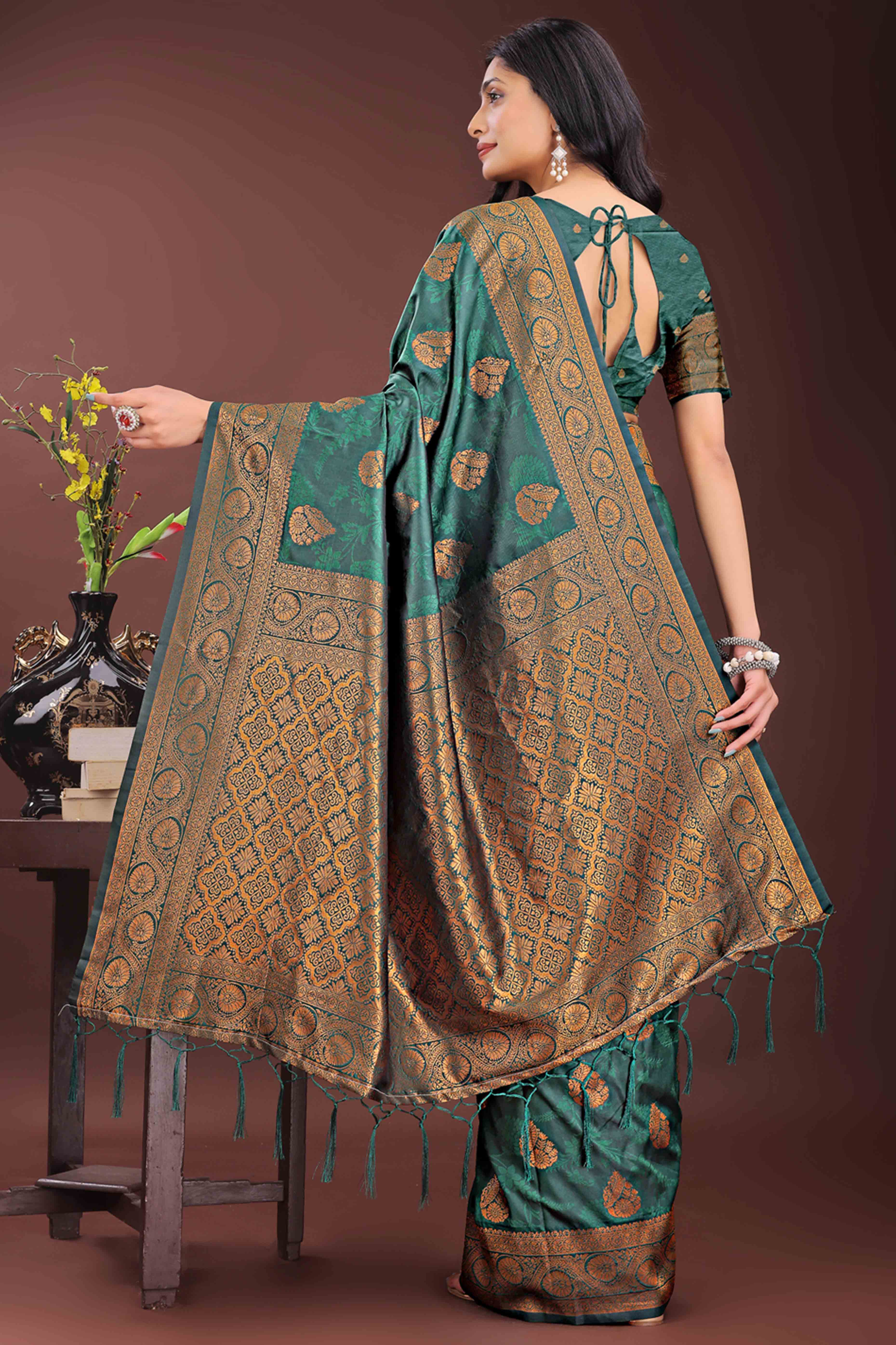 Dark Green Banarasi Saree in Silk with Intricately Woven Zari Florals