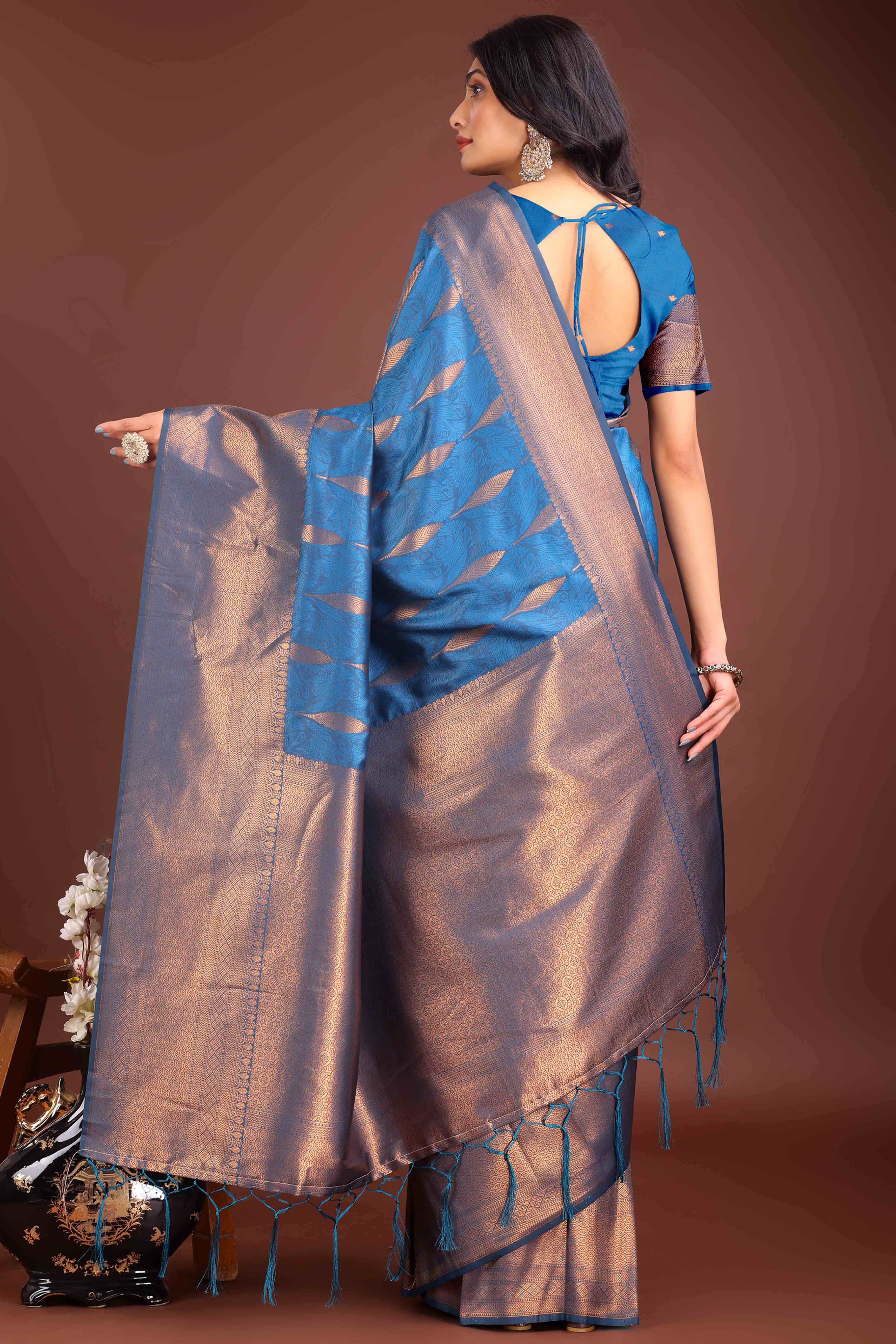 Blue Zari Woven Banarasi Silk Saree With Timeless Tassel Border