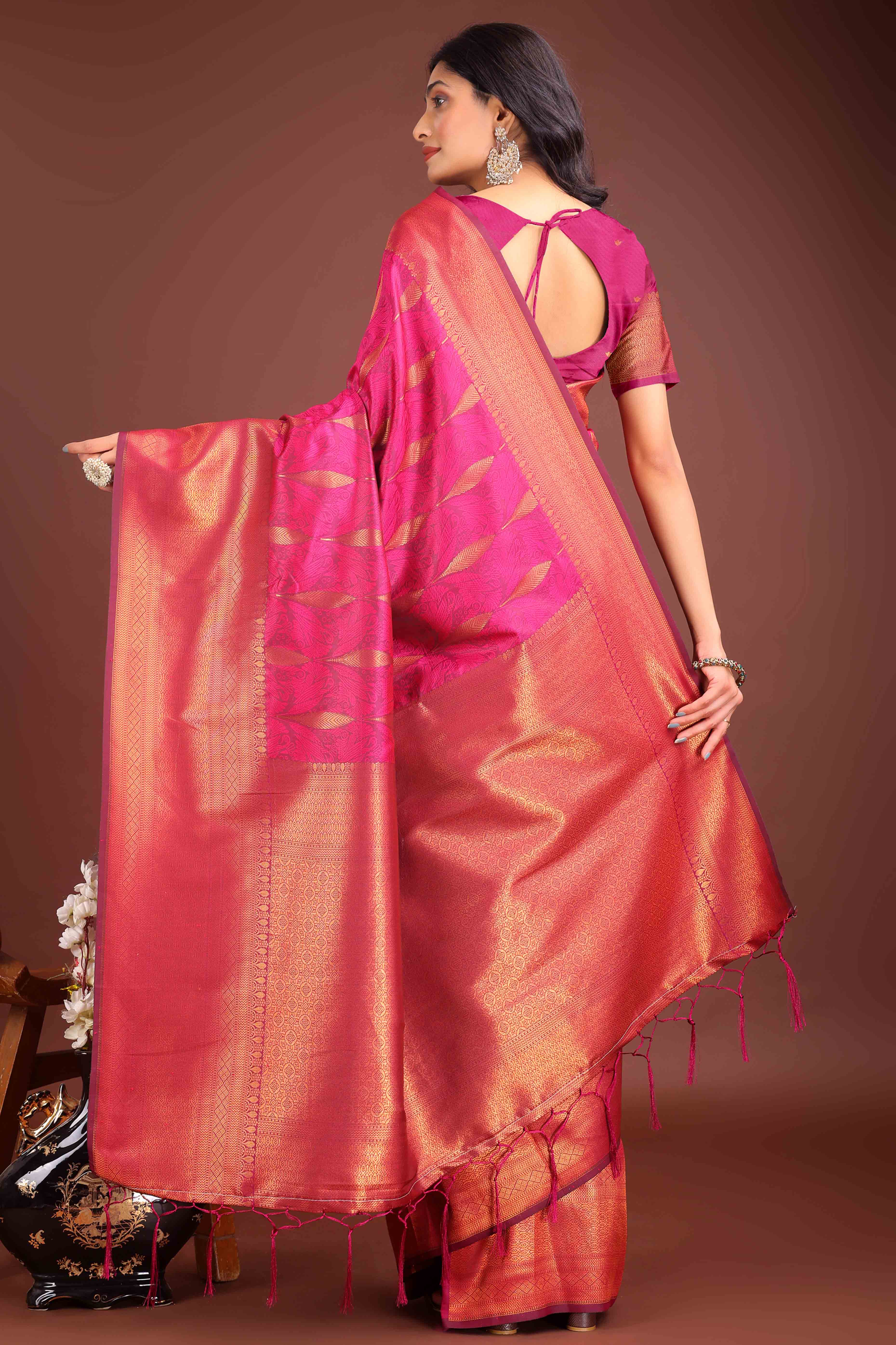 Rani Pink Zari Woven Banarasi Silk Saree With Timeless Tassel Border
