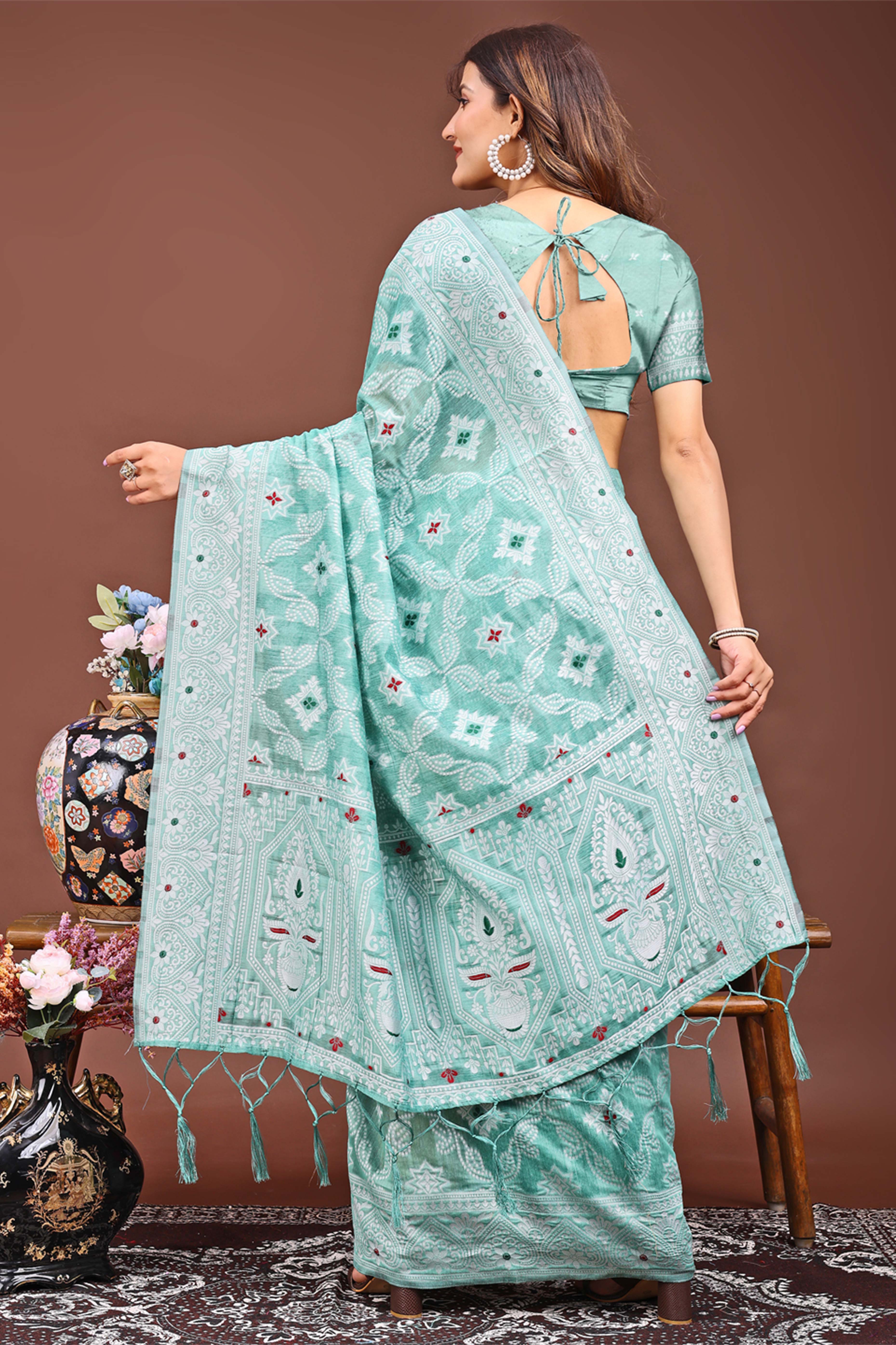 Traditional Bandhani Inspired Woven Sea Green Saree in Breathable Linen Cotton