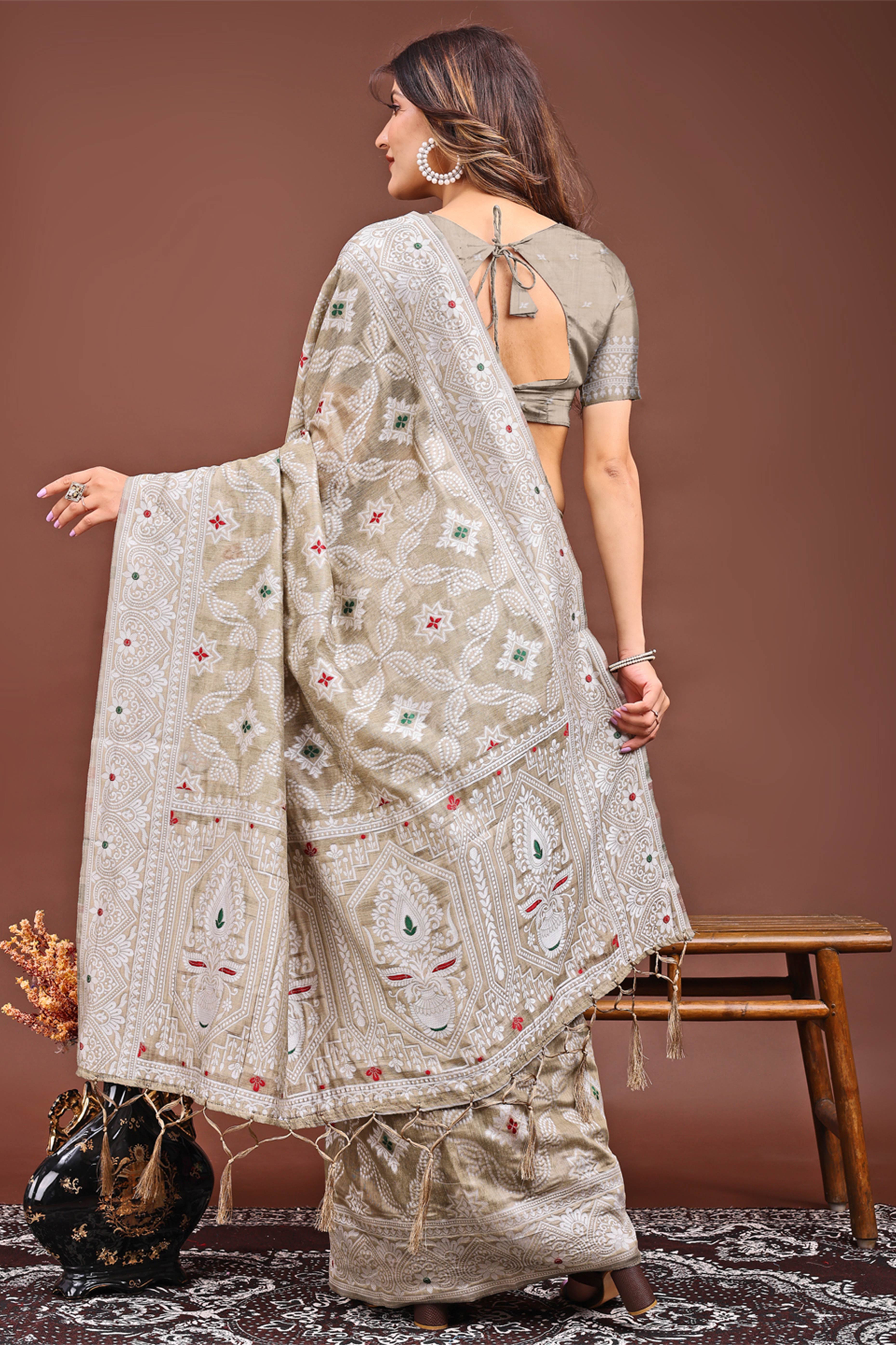 Traditional Bandhani Inspired Woven Brown Saree in Breathable Linen Cotton