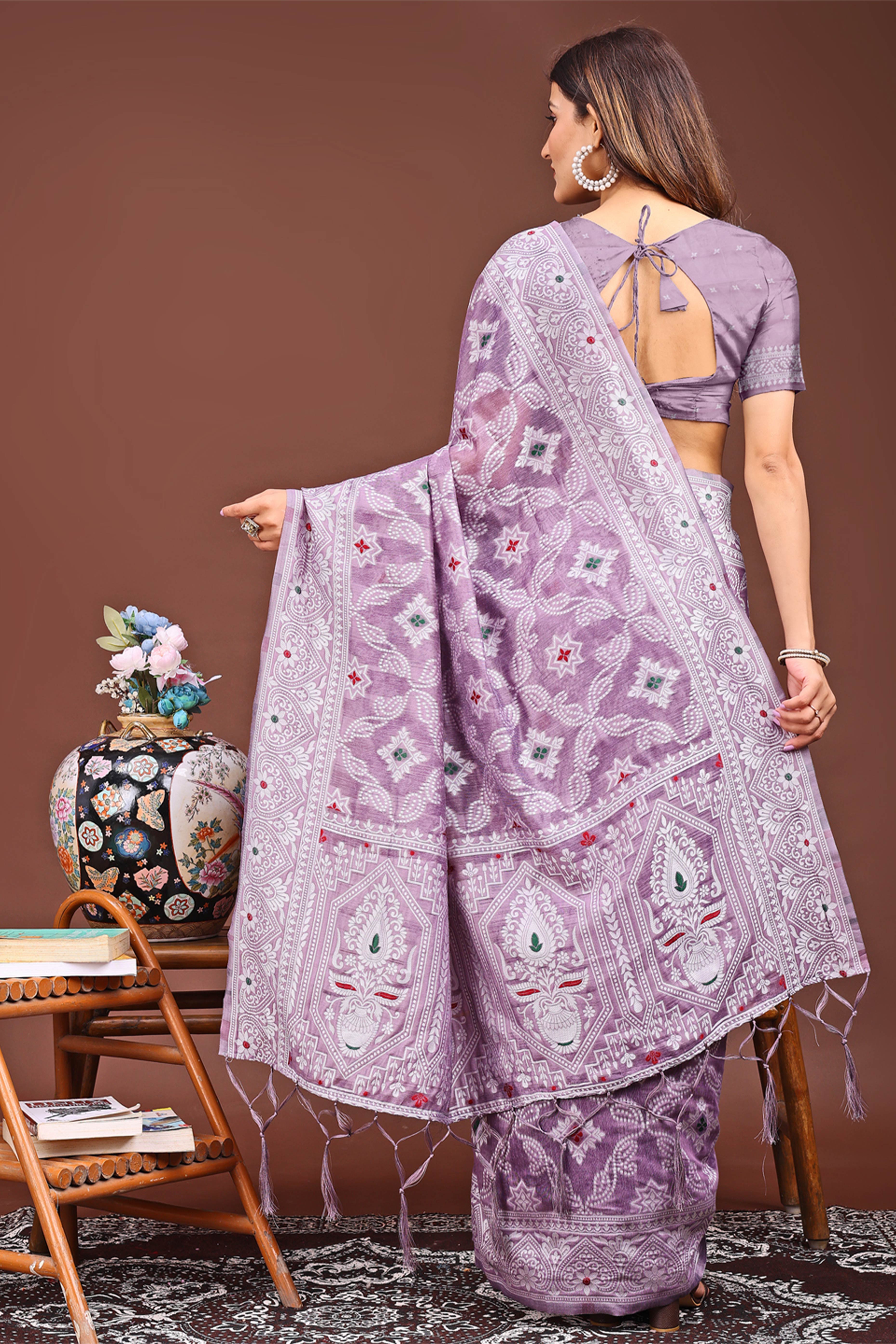 Traditional Bandhani Inspired Woven Purple Saree in Breathable Linen Cotton