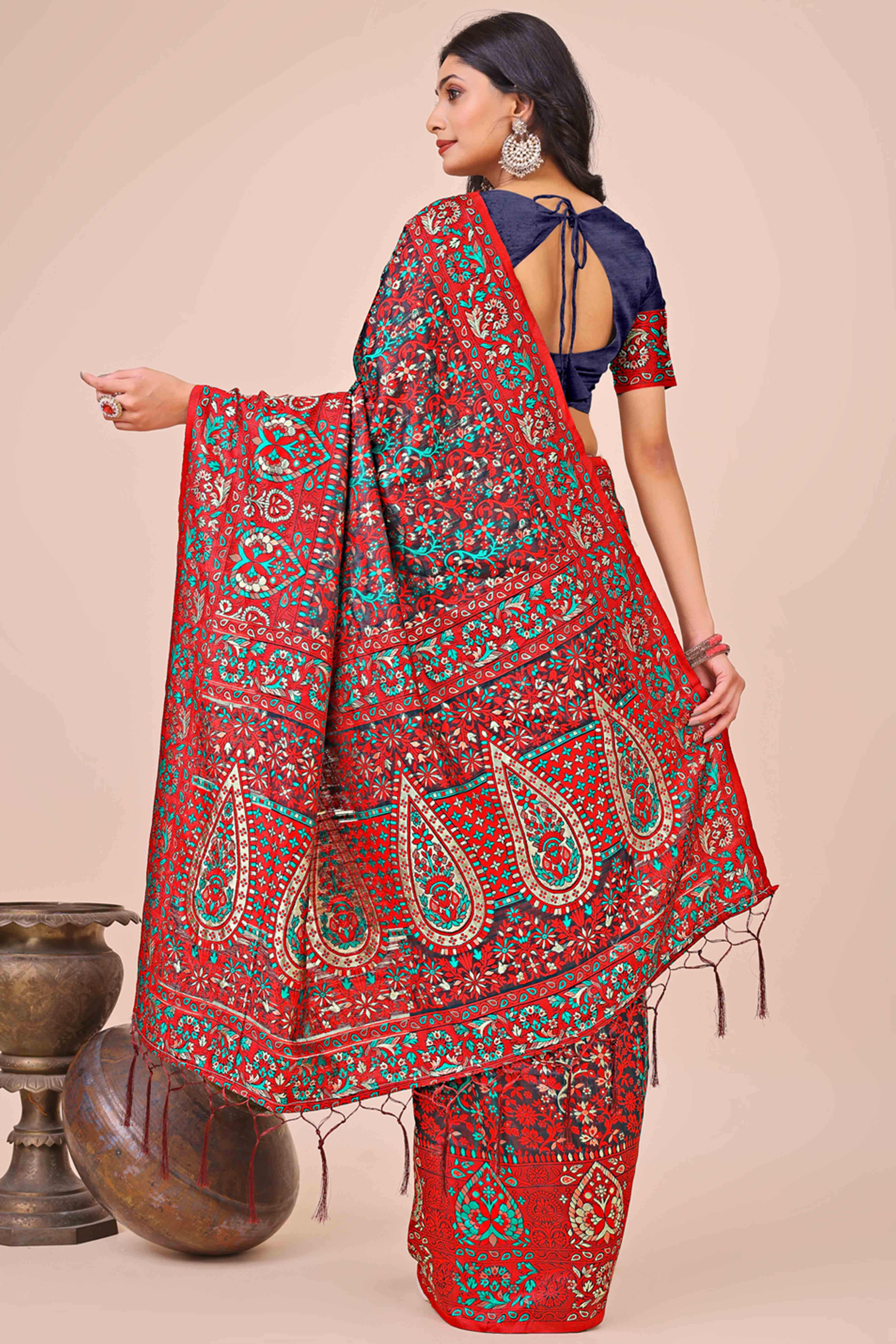 Red & Black Floral Woven Cotton Blend Saree With A Breezy Tassel Finish