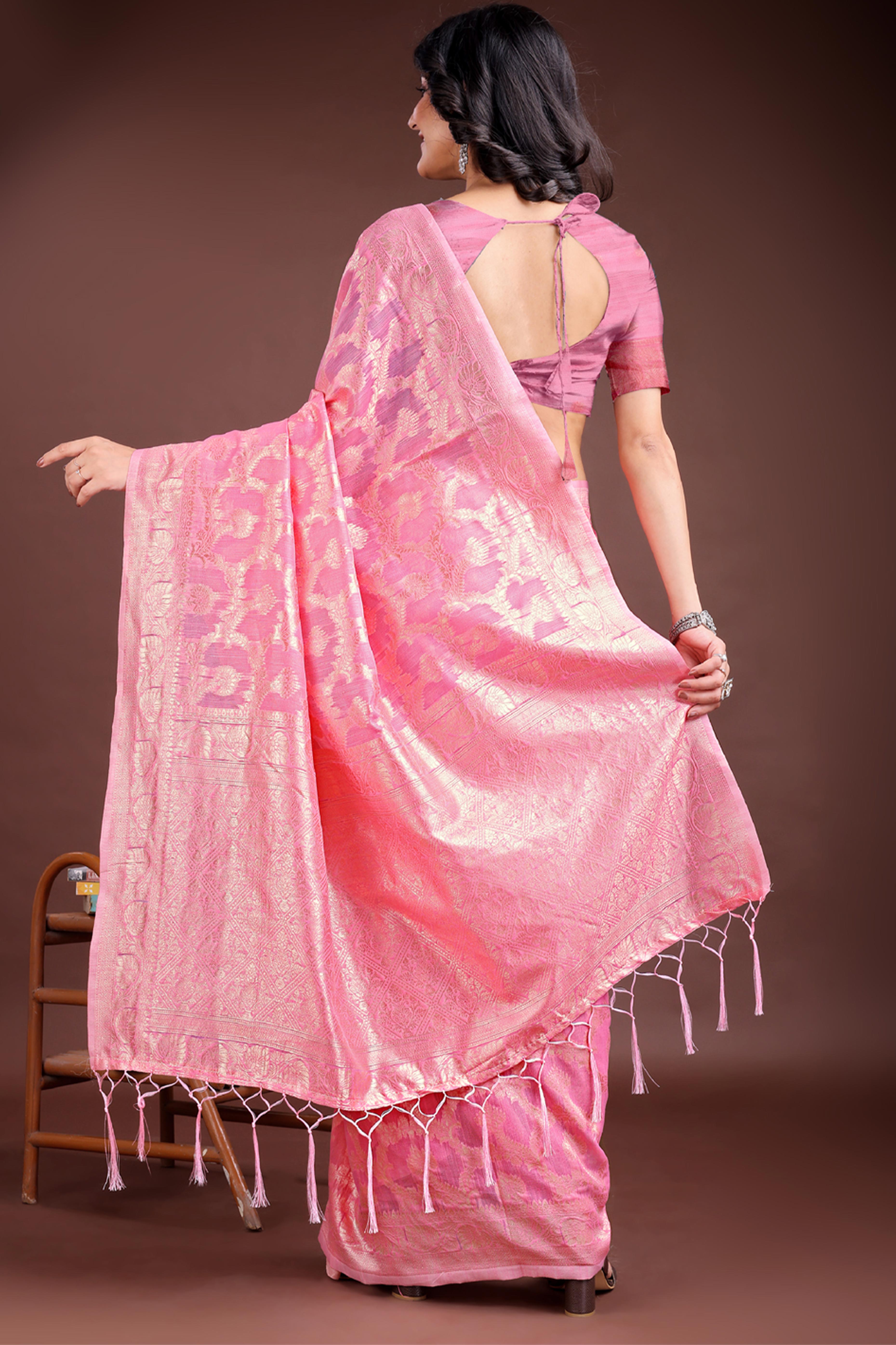 Pink Linen Cotton Saree with Lustrous Zari Borders and Elegant Tassel Accents
