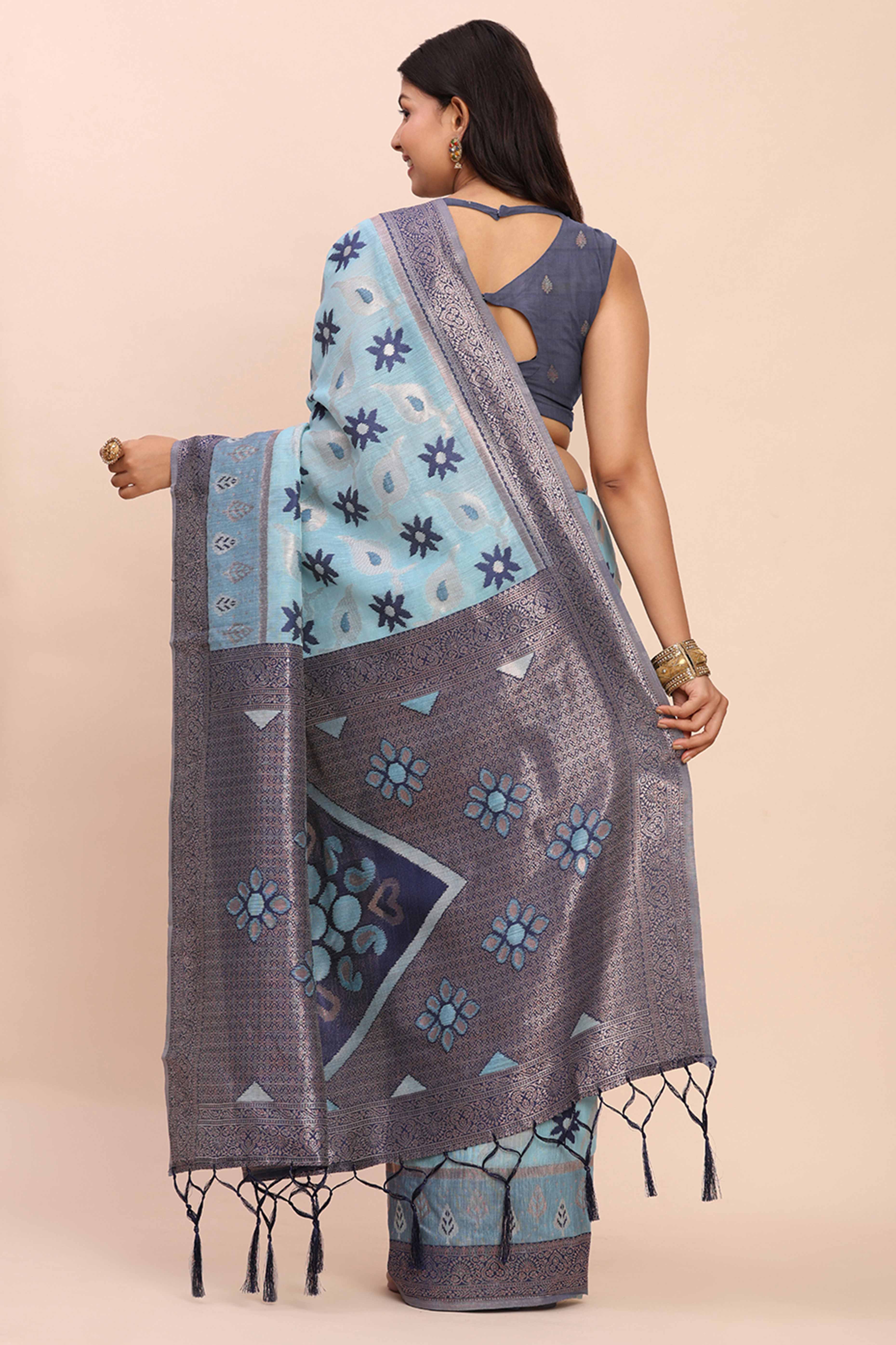 Sky Blue Patola Inspired Linen Cotton Saree Adorned With Zari Weaving & Graceful Tassel Pallu