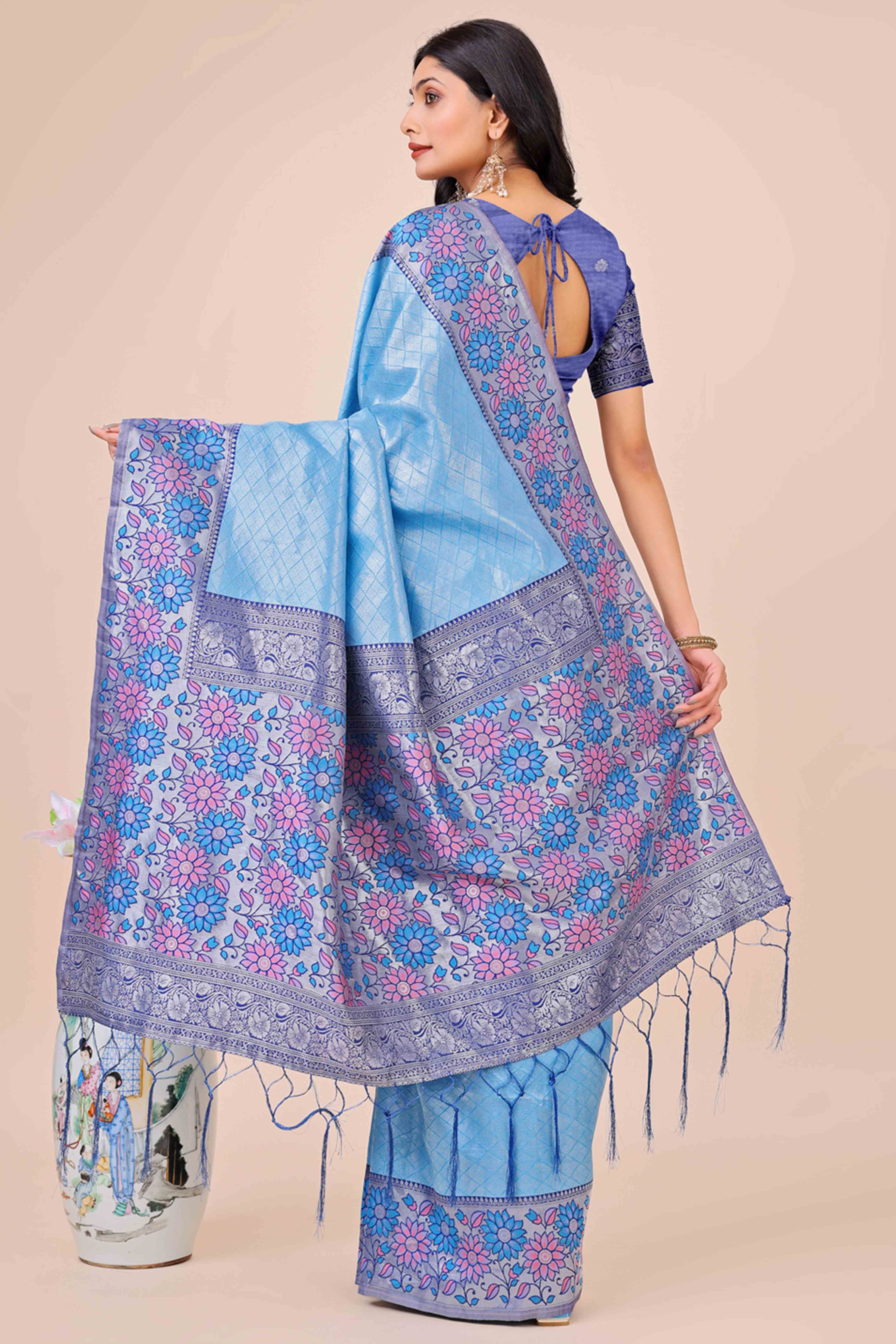 Blue Lichi Silk Blend Saree With Exquisite Floral Weaving & Graceful Tassel Details
