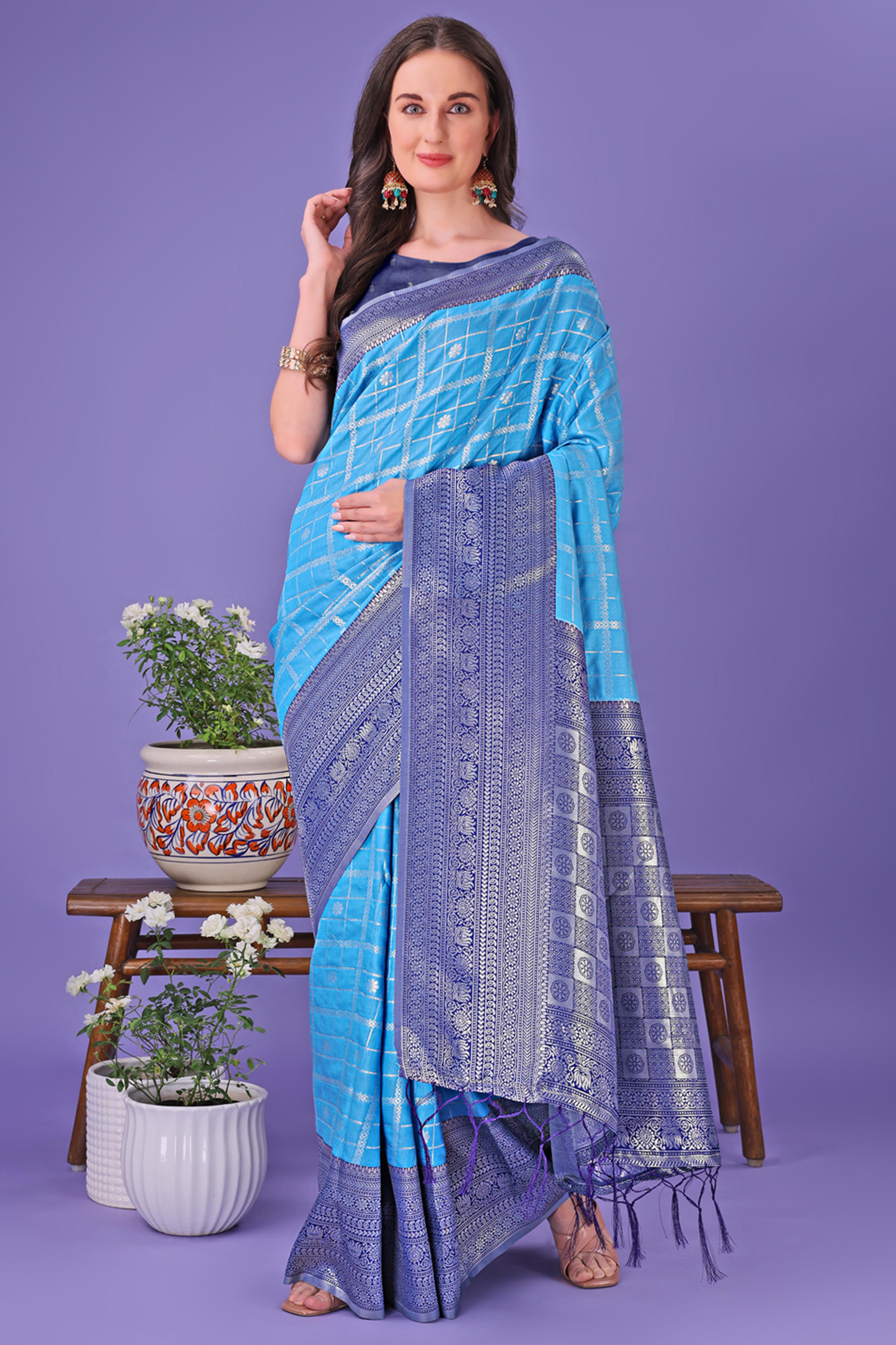 Blue Banarasi Weave in Checked Design with Lustrous Zari Embellishments