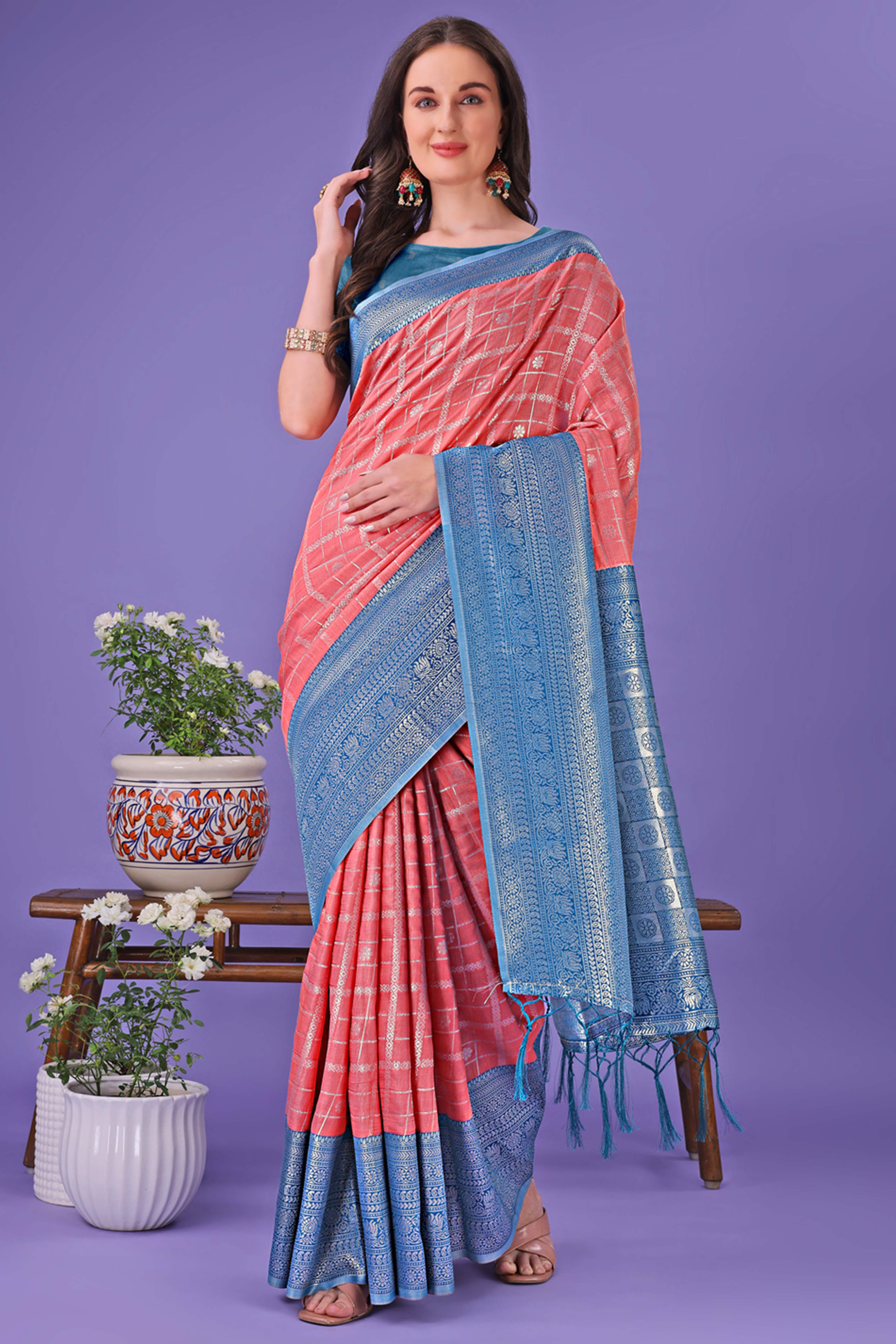 Peach Banarasi Weave in Checked Design with Lustrous Zari Embellishments