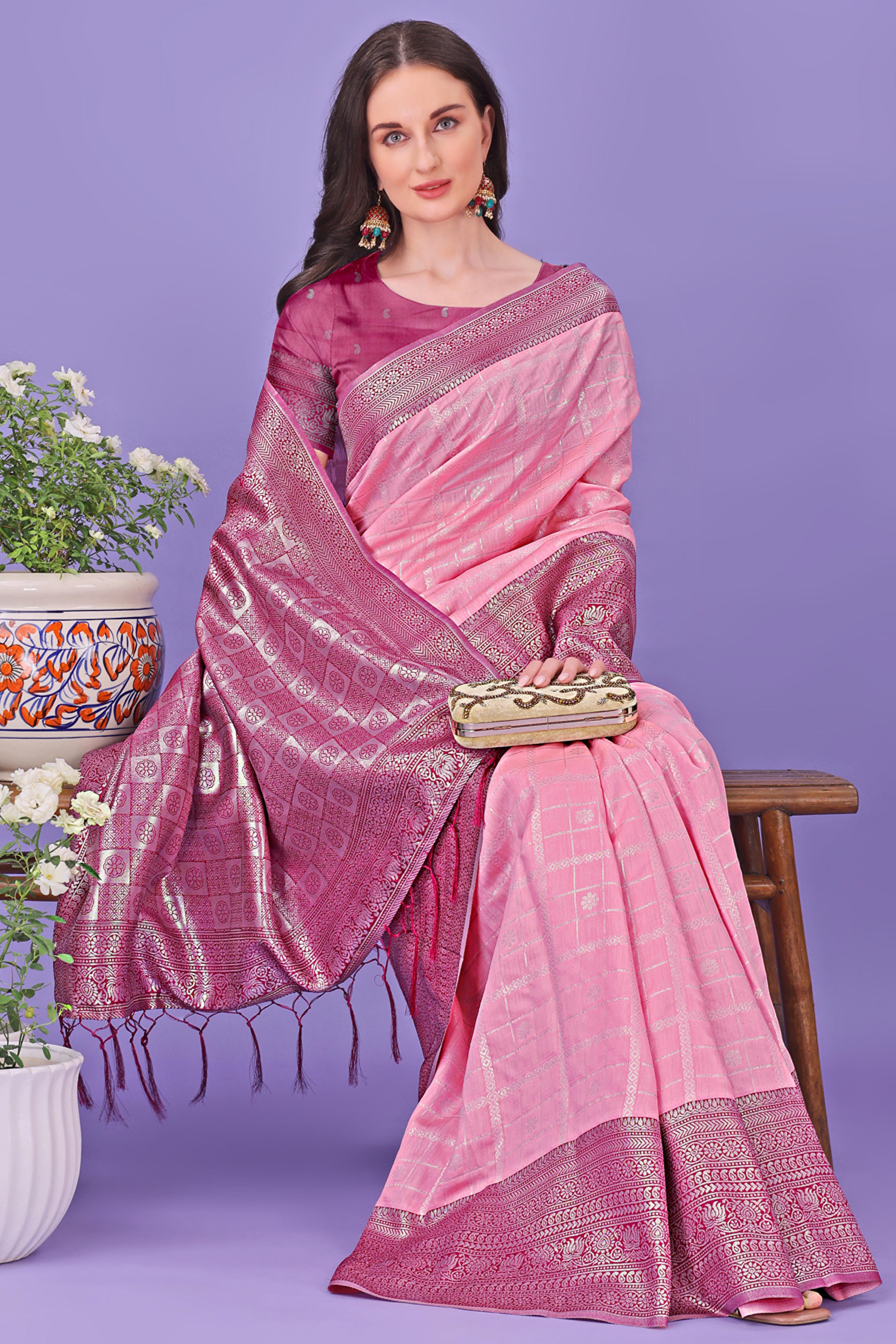 Pink Banarasi Weave in Checked Design with Lustrous Zari Embellishments