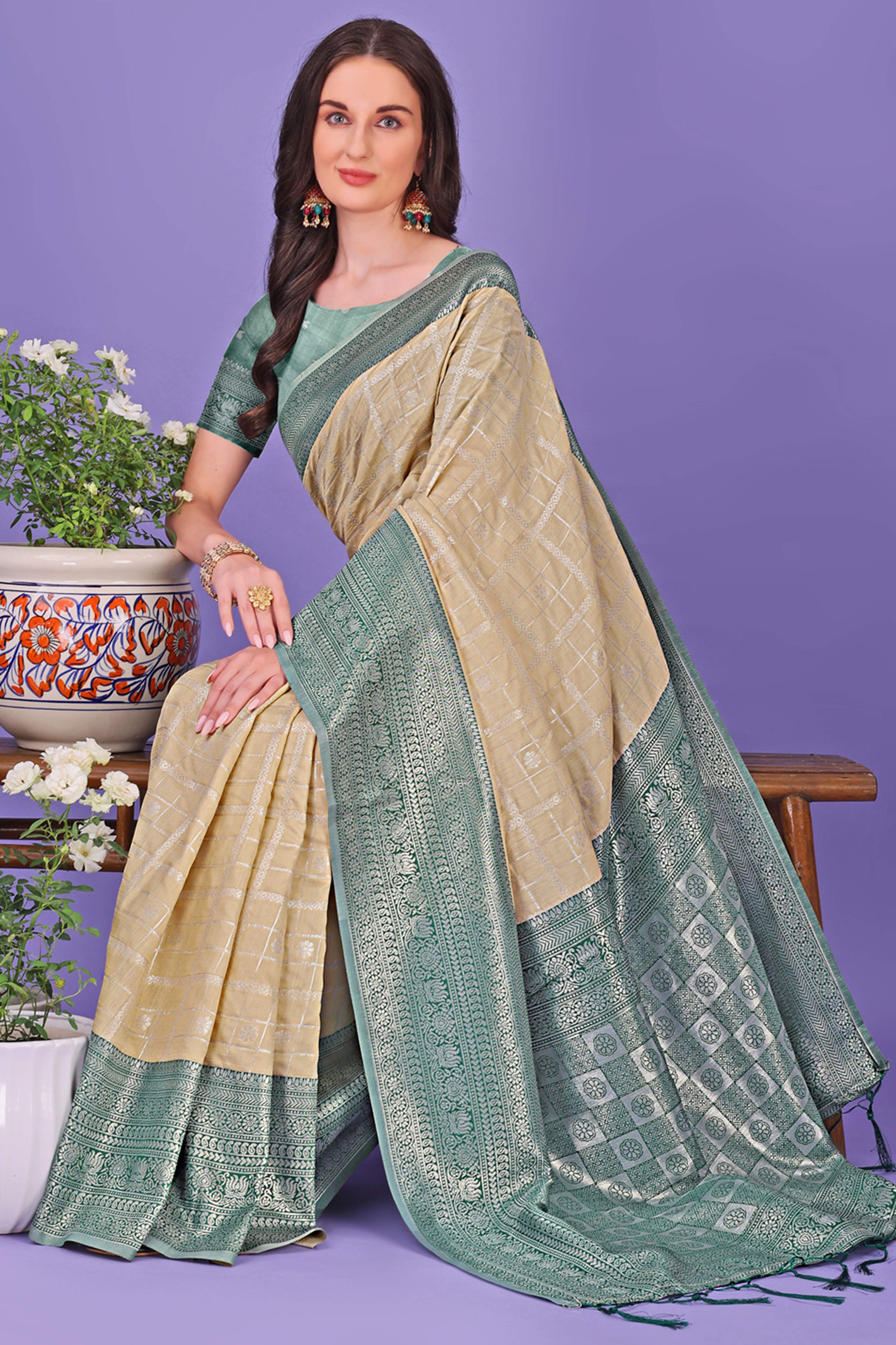 Cream Banarasi Weave in Checked Design with Lustrous Zari Embellishments