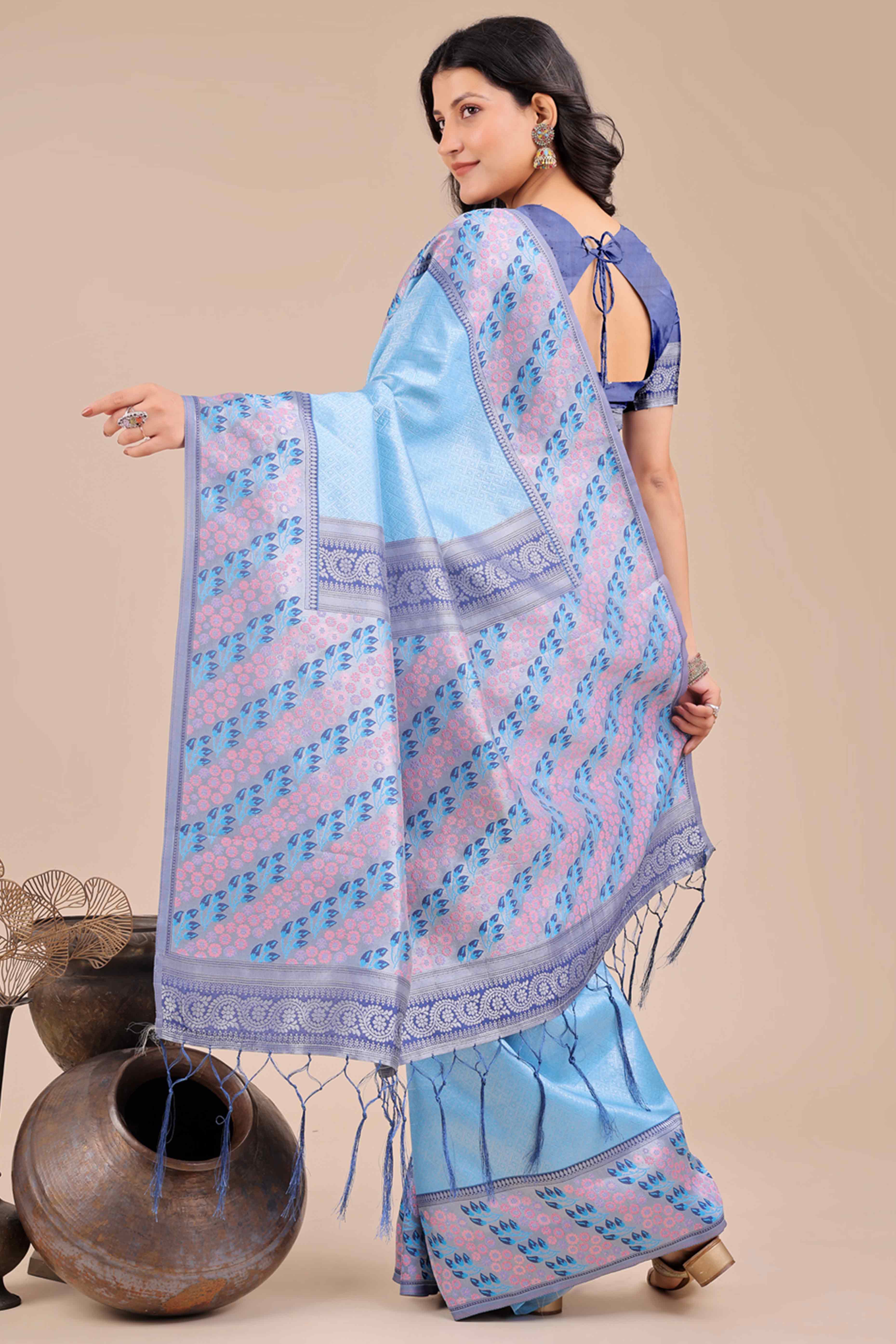 Blue Silk Blend Saree Embellished With Zari Weaving & Tassel Accents