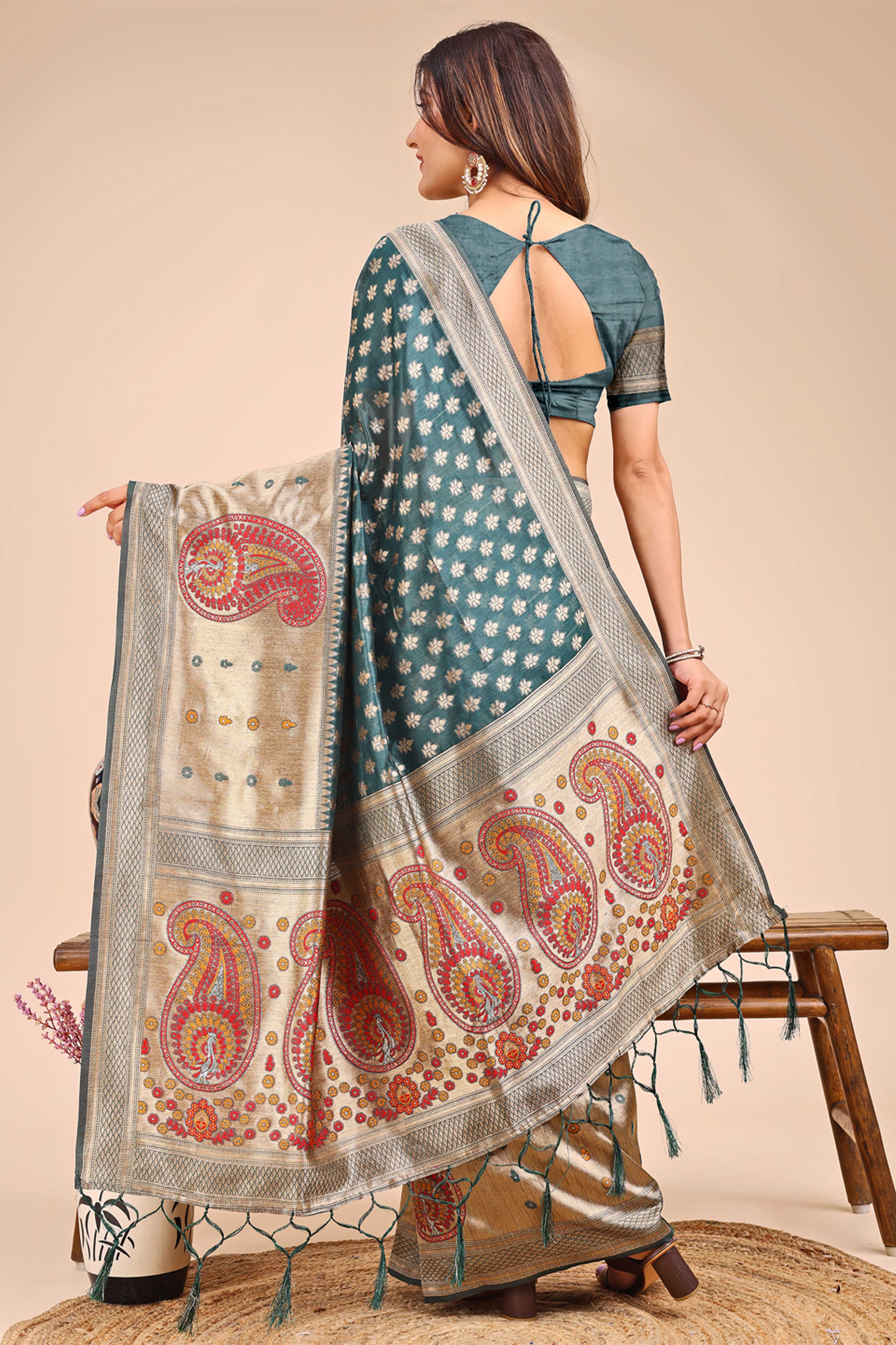 Teal Zari Butti Weaving Linen Cotton Saree