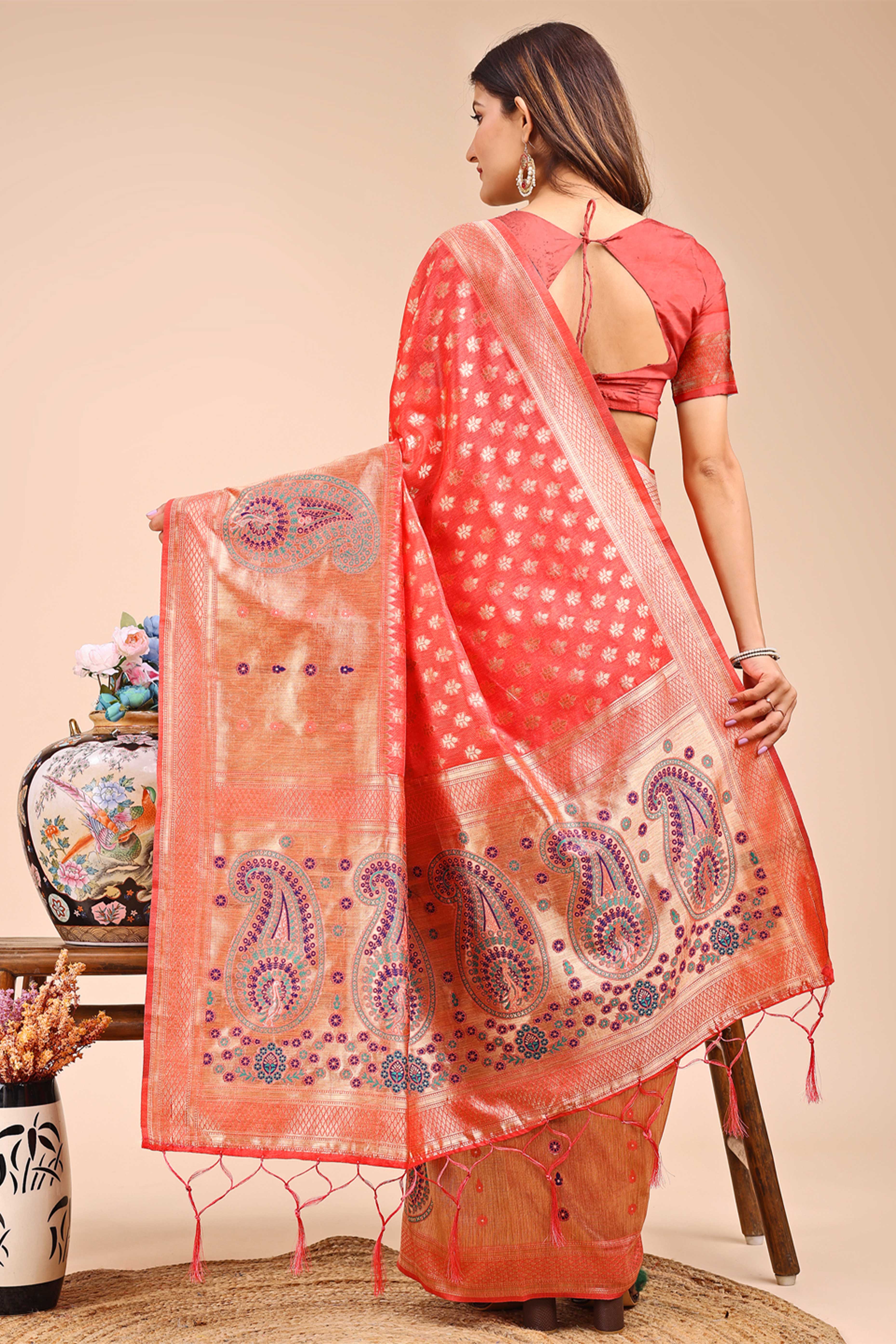 Peach Zari Butti Weaving Linen Cotton Saree